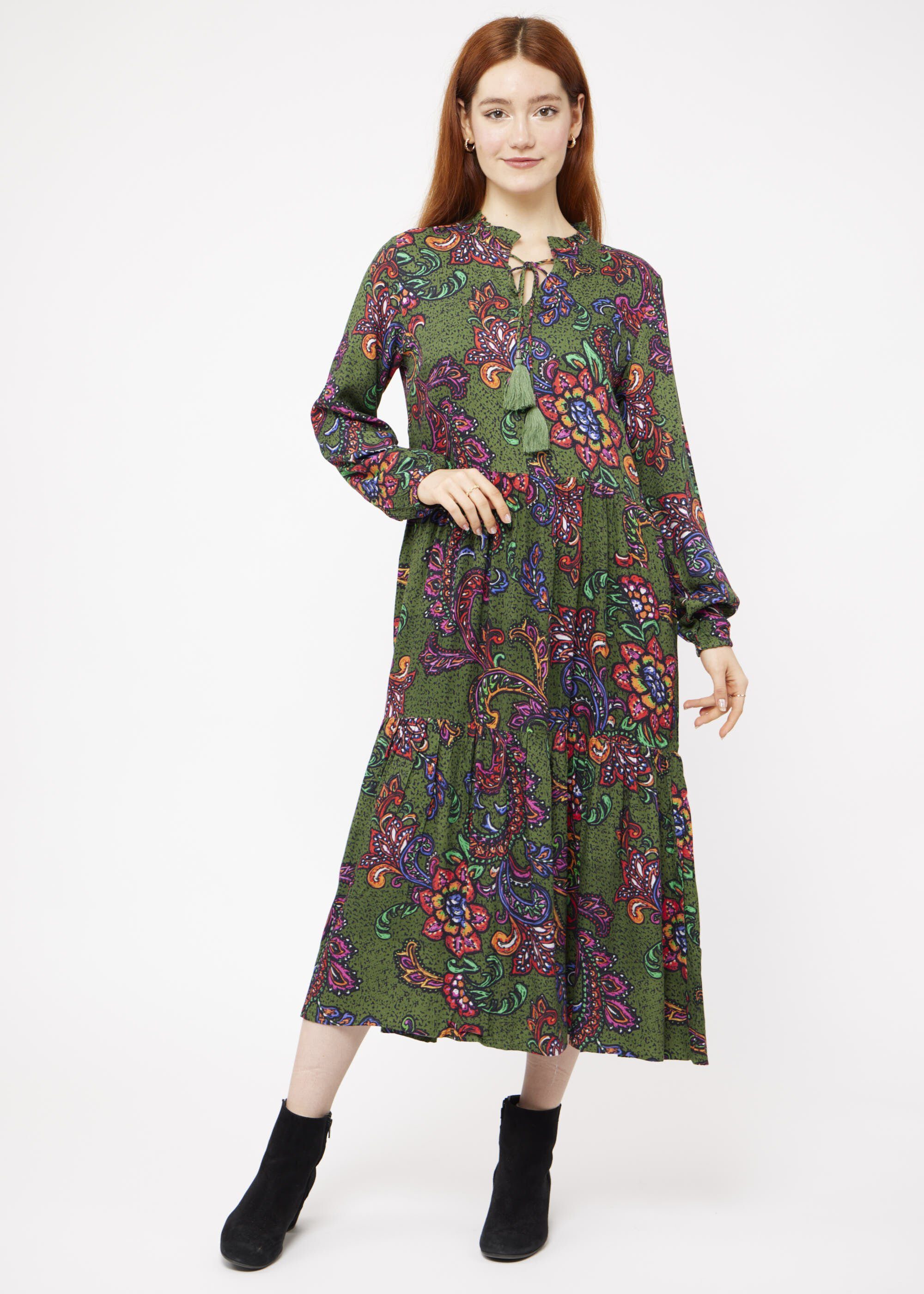 VICCI Germany Blusenkleid im Boho-Stil mit Blumendruck, Maxikleid aus  Viskose mit hübschem Farbkontrastdruck | Jerseykleider