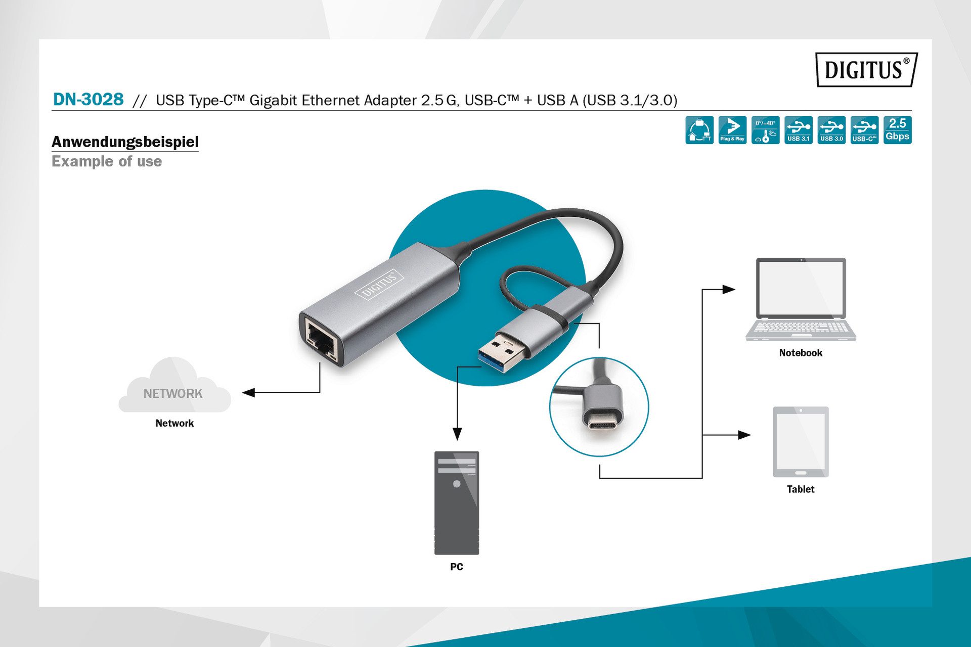 Digitus USB-C Gigabit Ethernet Adapter 2.5G, USB-C + USB A Netzwerk-Adapter zu RJ-45 (Ethernet), 15 cm