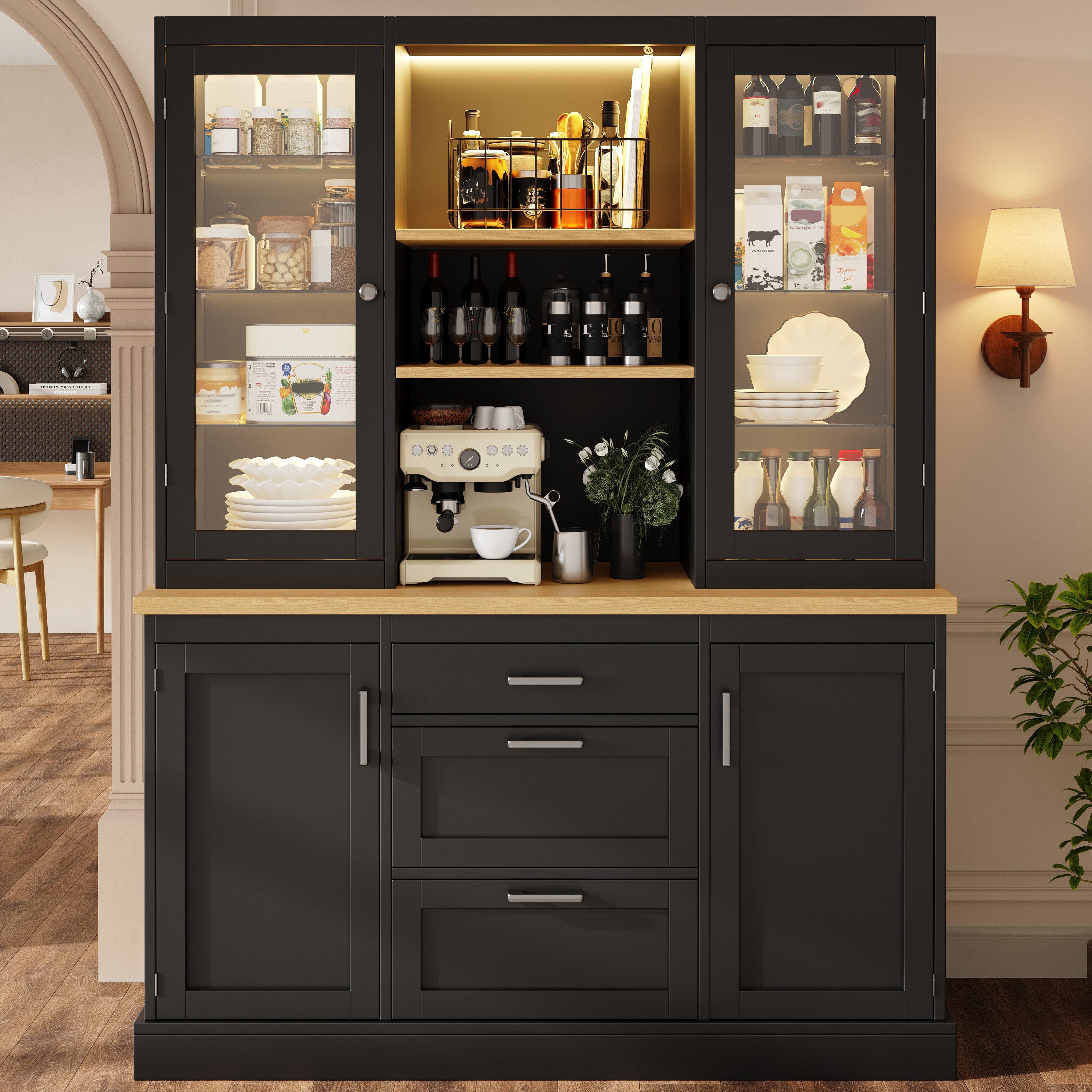 Flieks Küchenbuffet mit LED-Beleuchtung, verstellbarer Glaseinlegeböden und Arbeitsplatte (1-St., B140/T40/H185 cm) Hochschrank Küchenschrank Glasvitrine in Landhausstil Schwarz