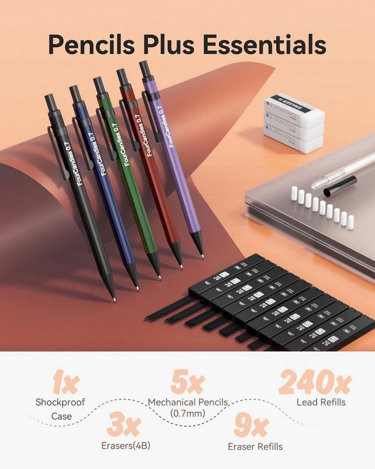 Thumbnail - Four Candies Druckbleistift Druckbleistift Set 0,7 mm - 5 Stück Metall Minenbleistift Vintage