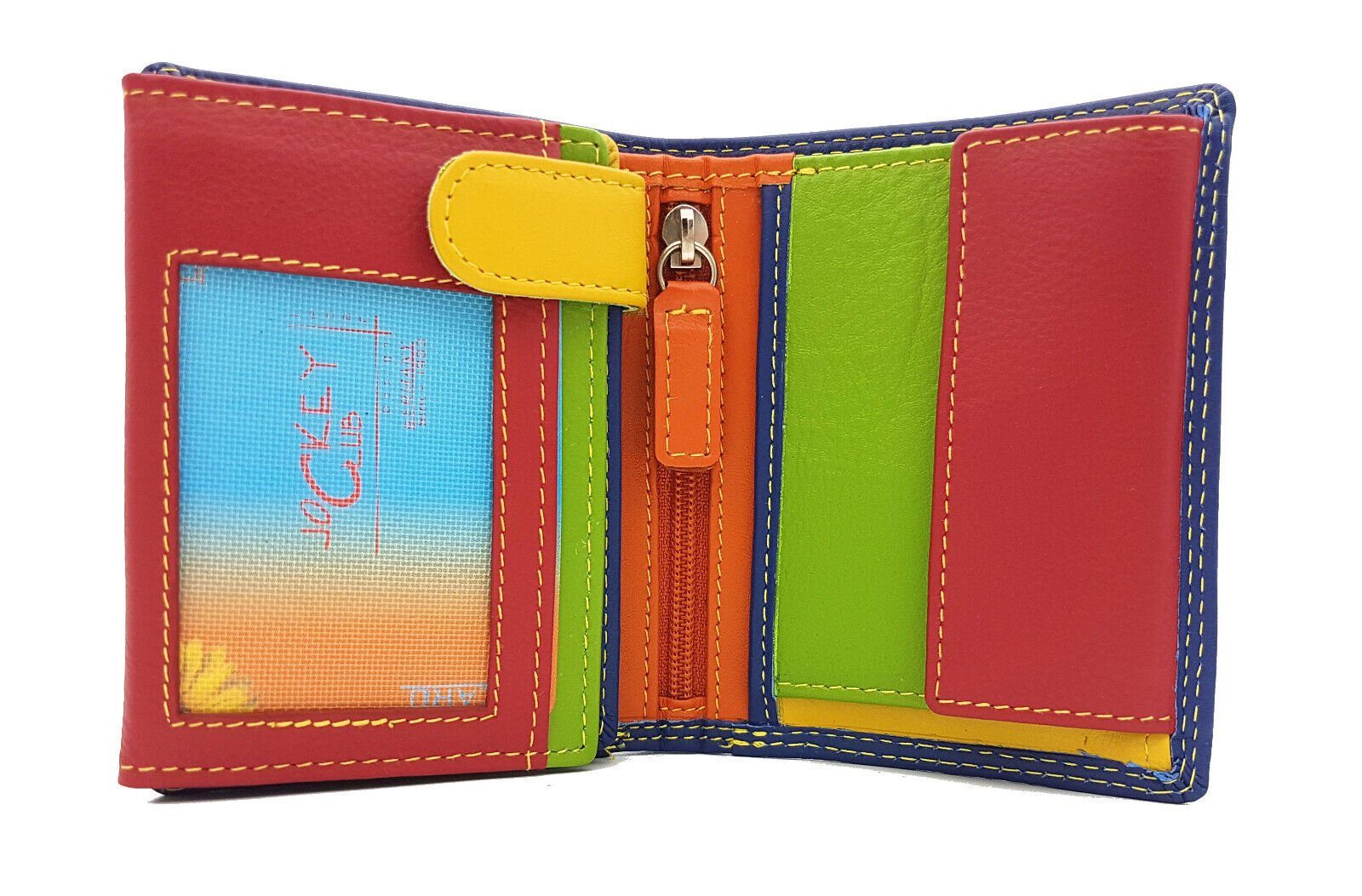 JOCKEY CLUB Mini Geldbörse kleines echt Leder Damen Portemonnaie mit RFID Schutz "Rio", tropische Farben, handliches Format blau