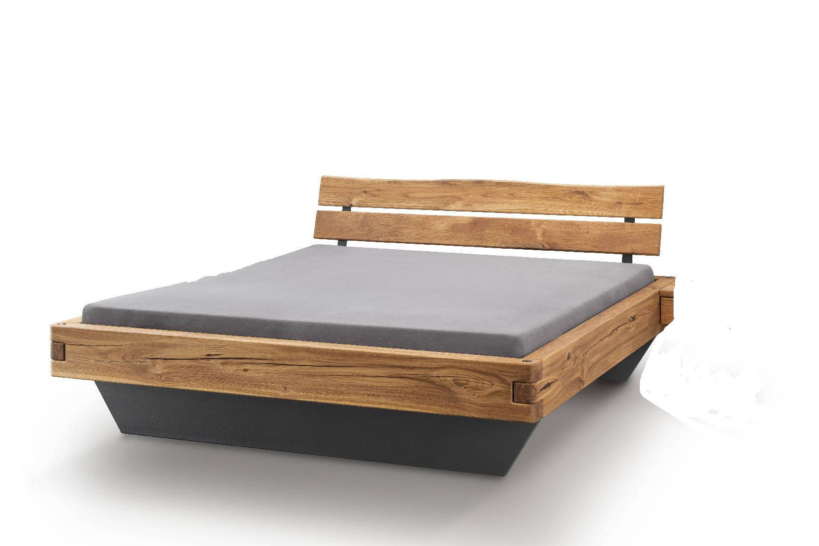 TPT Möbel Massivholzbett Eichenwacht Balkenbett, Schwebeunterbau und Baumkante Kopfteil