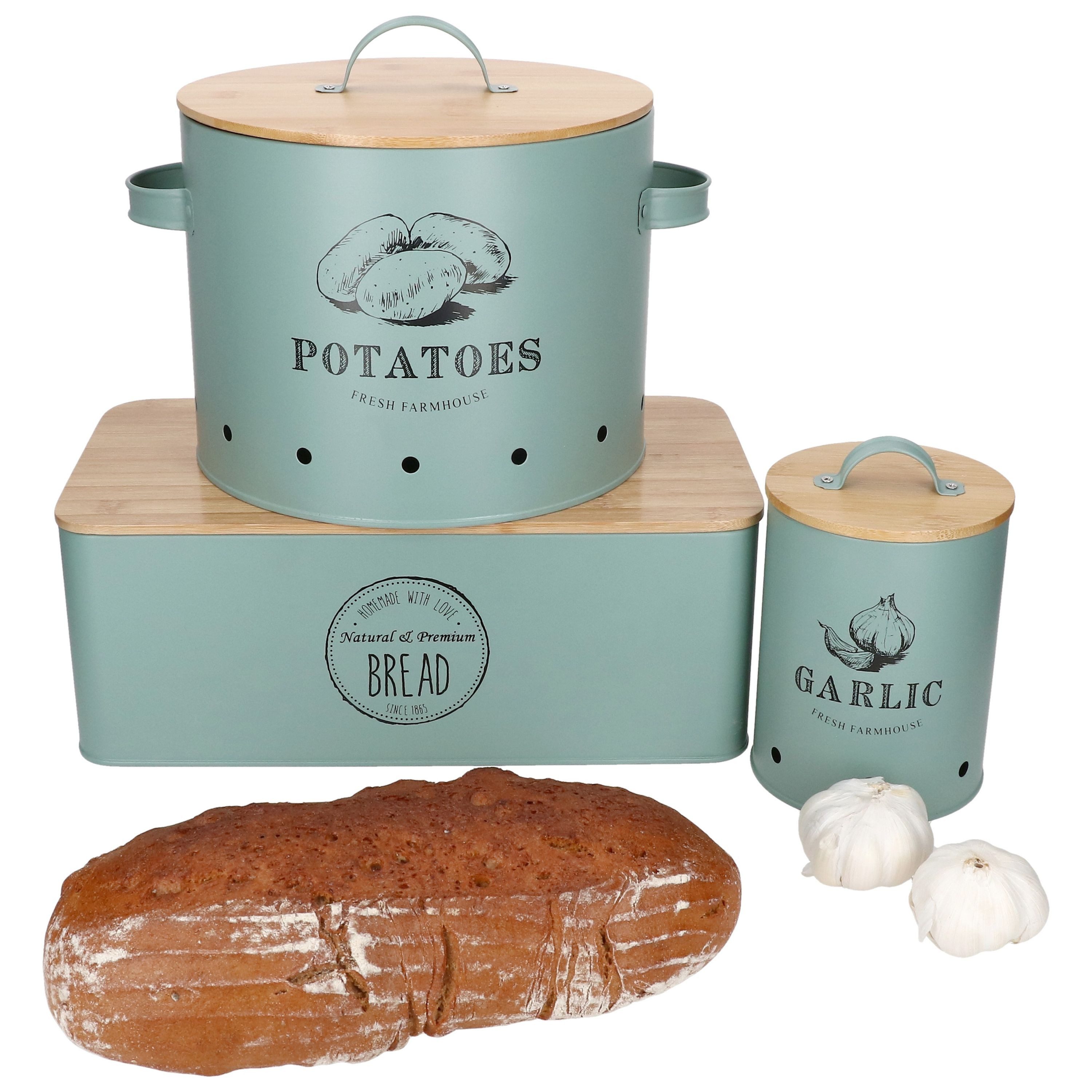 MamboCat Vorratsglas 3tlg Set Vorratsdosen Fresh Brotkasten Knoblauch- & Kartoffeltopf, Metall