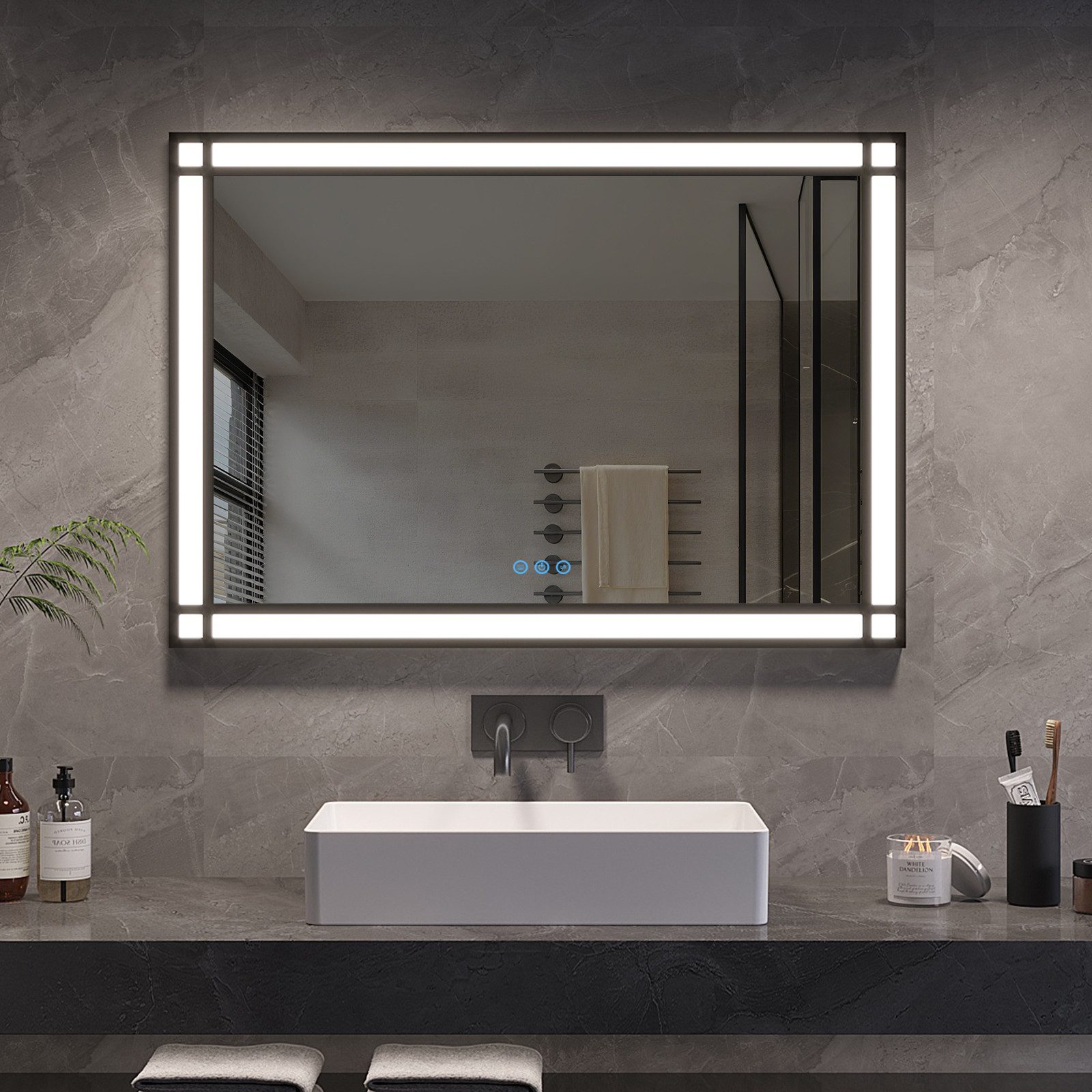 AQUABATOS Badspiegel Wandspiegel Bad Schminkspiegel Antibeschlag LED Sensor Spiegel Dimmbar, Badspiegel mit Beleuchtung 3 Lichtfarben Memory-Funktion Wandmontage