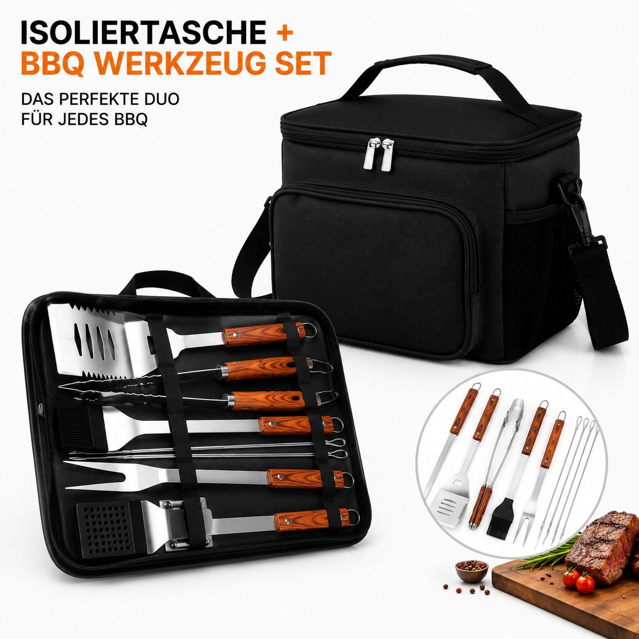 Fyrove Grillbesteck-Set 11-teiliges Grill Zubehör BBQ Grillbesteck Set aus Edelstahl, (hochwertiges Grillutensilien Set mit Grillkoffer, hitzebeständige, Grillwerkzeuge mit Grillspachtel für Garten und Camping), Geschenk zum Geburtstag für Männer und Papa