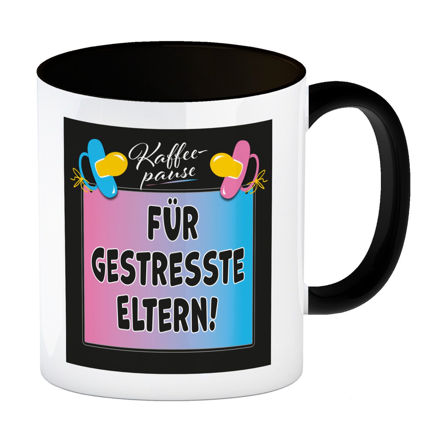 Tasse Schnuller Kaffeebecher in schwarz mit Spruch Kaffeepause Für Eltern