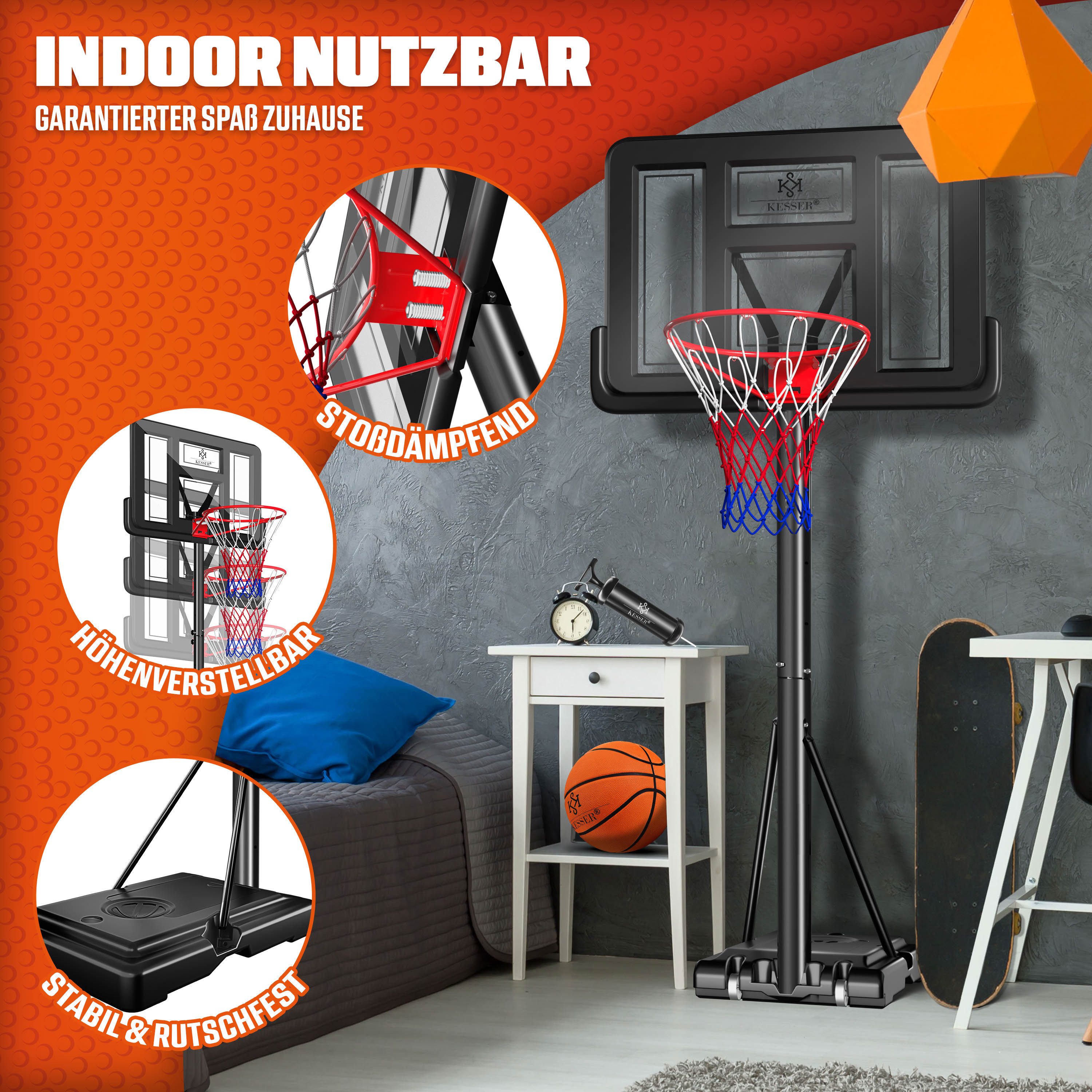 KESSER Basketballkorb 160-210cm Basketballständer Set mit Basketball, Pumpe & 2 Ersatznetzen, In- & Outdoor Basketballanlage mit Rollen für Kinder & Erwachsene