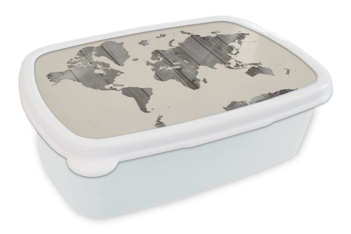 MuchoWow Lunchbox Weltkarte - Beige - Schwarz - Weiß, Kunststoff, (2-tlg), Brotbox für Kinder und Erwachsene, Brotdose, für Jungs und Mädchen