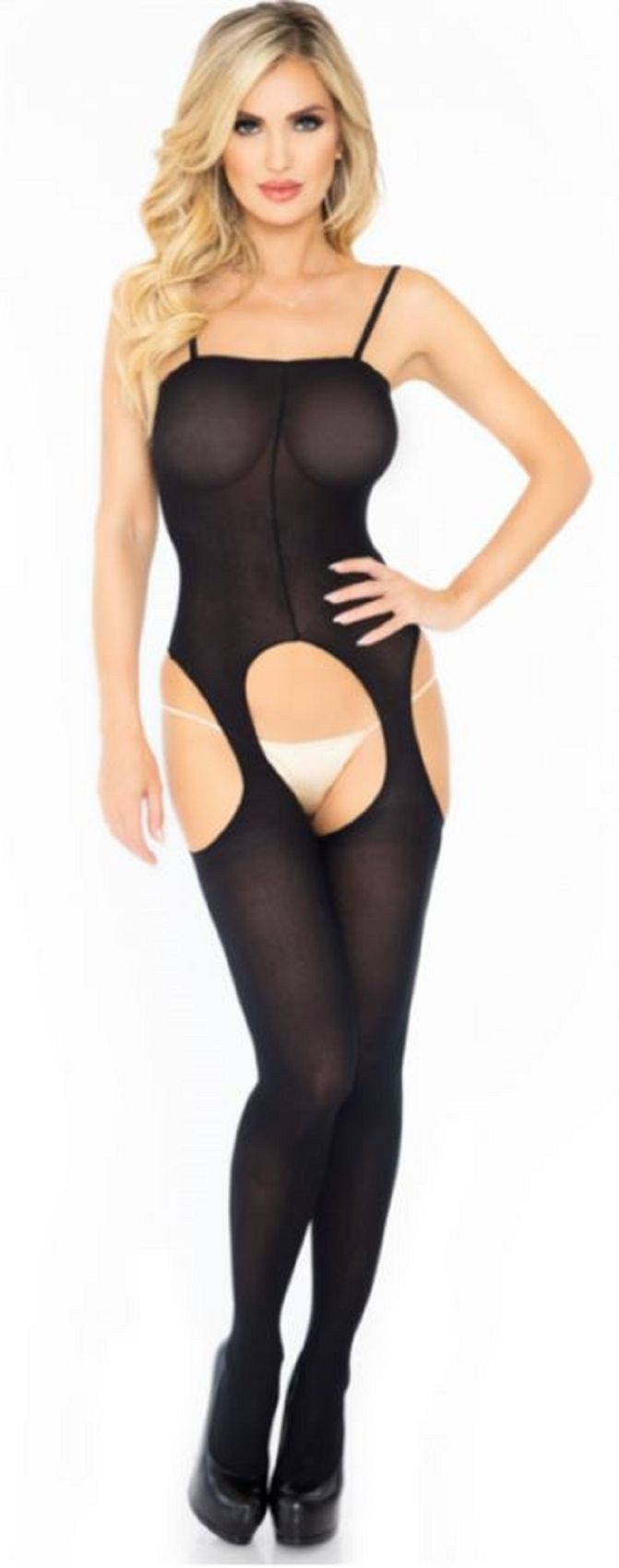 Leg Avenue Bodystocking Body Spaghetti Träger im Schritt offen Nylon schwarz Gr. 36 bis 40 0 DEN