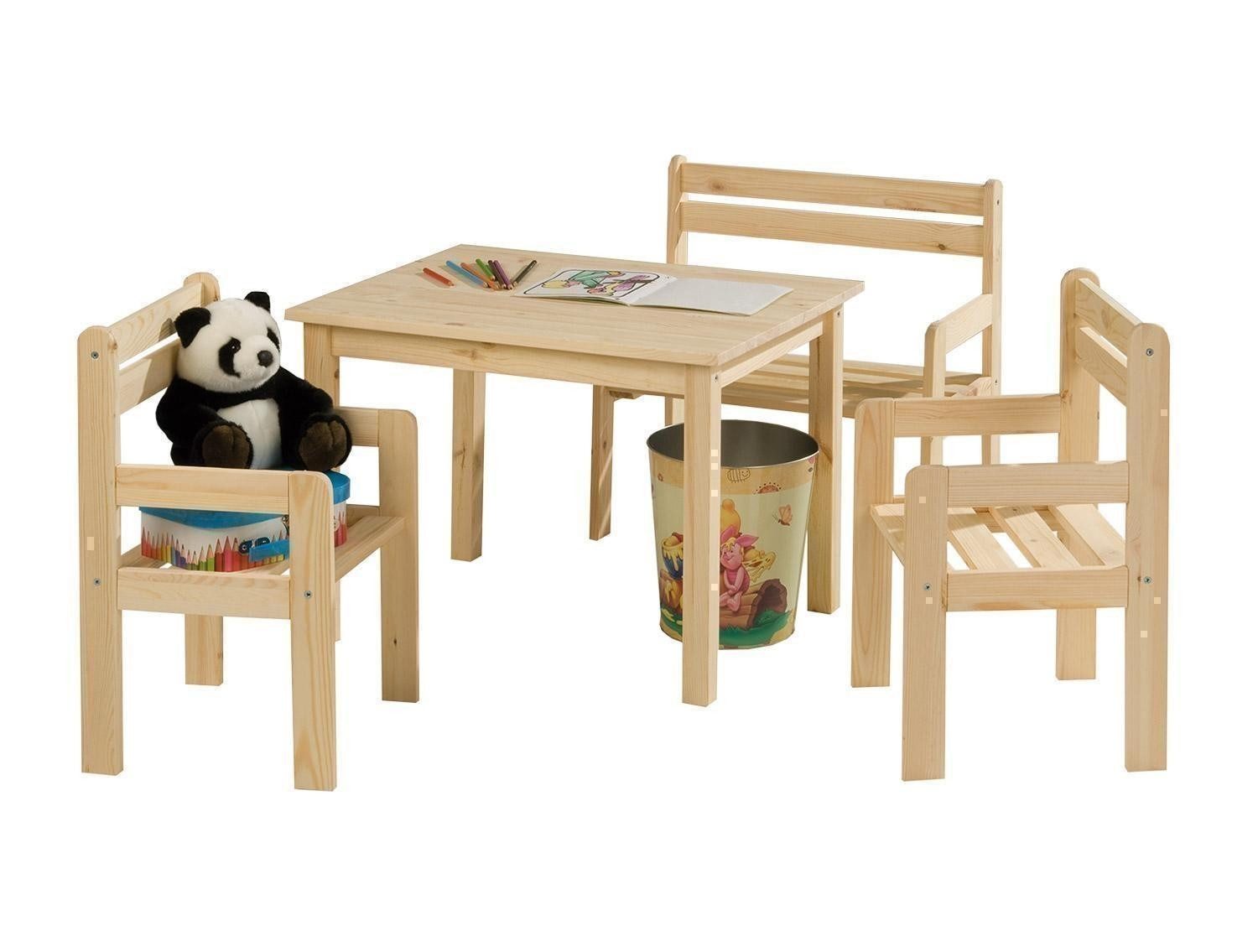 Home4You Kindersitzgruppe 4-teilig, Kiefer, Braun, 1 Tisch, 1 Bank mit Arml günstig online kaufen