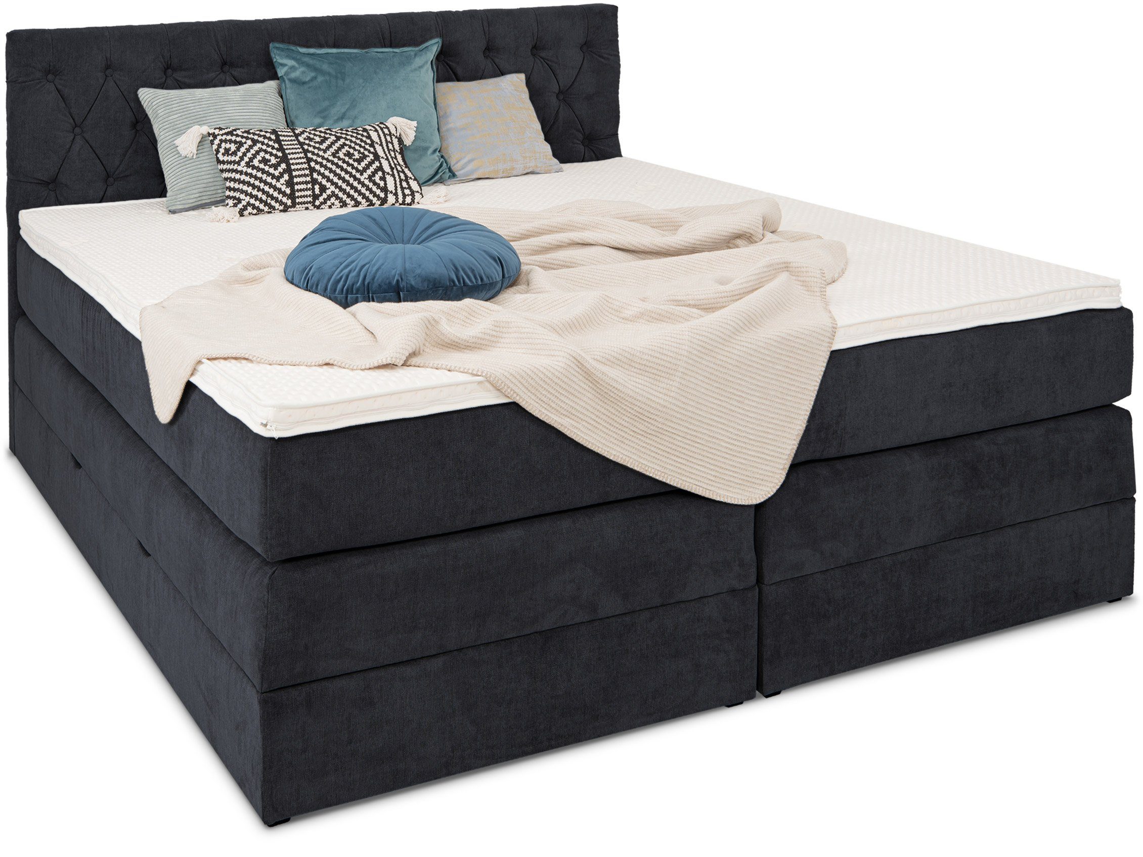 Boxspringbett Kaltschaum-Topper cm 6 Bettkasten mit und dunkelblau wonello Verona,