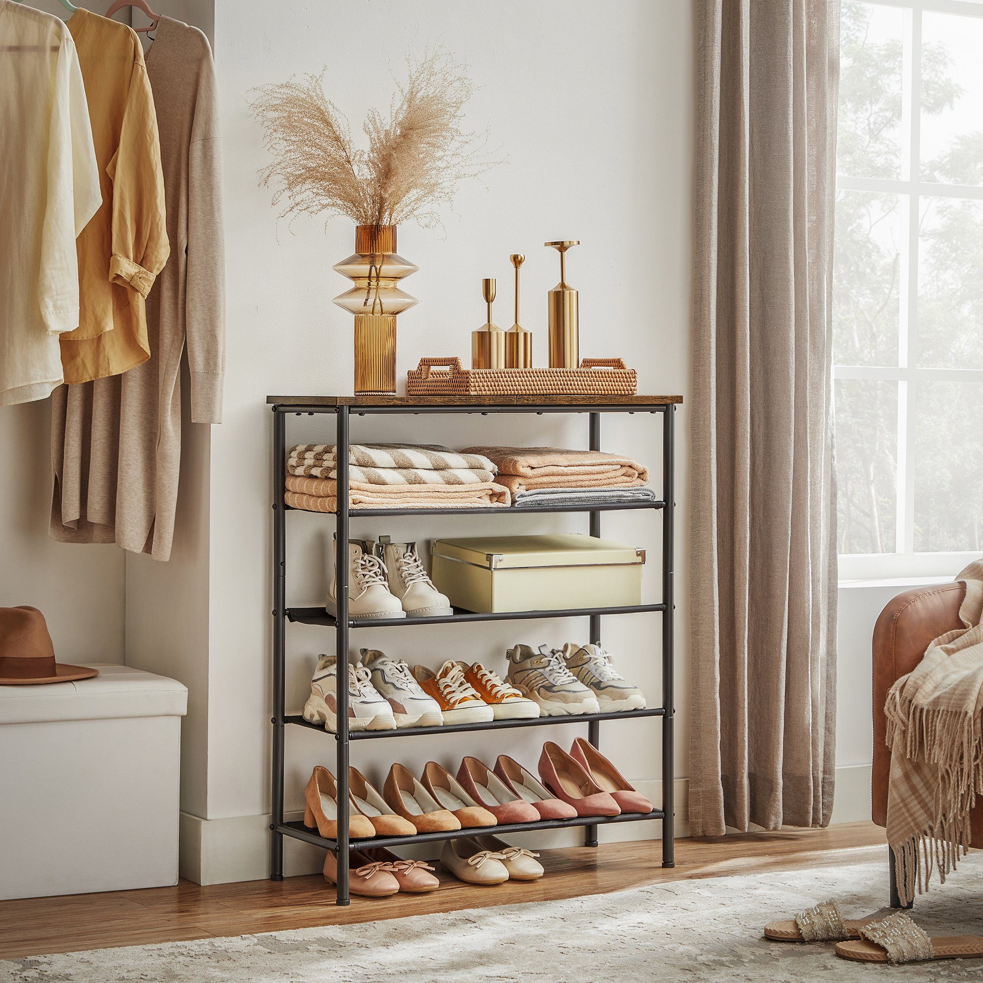 VASAGLE Schuhregal Schuhablage für Eingangsbereich, Stahl, Platzsparend, Industrie-Design, Schuhregal mit 5 Ebenen, 4 Stoffablagen, große Oberfläche für Taschen – Bild 3 von 5