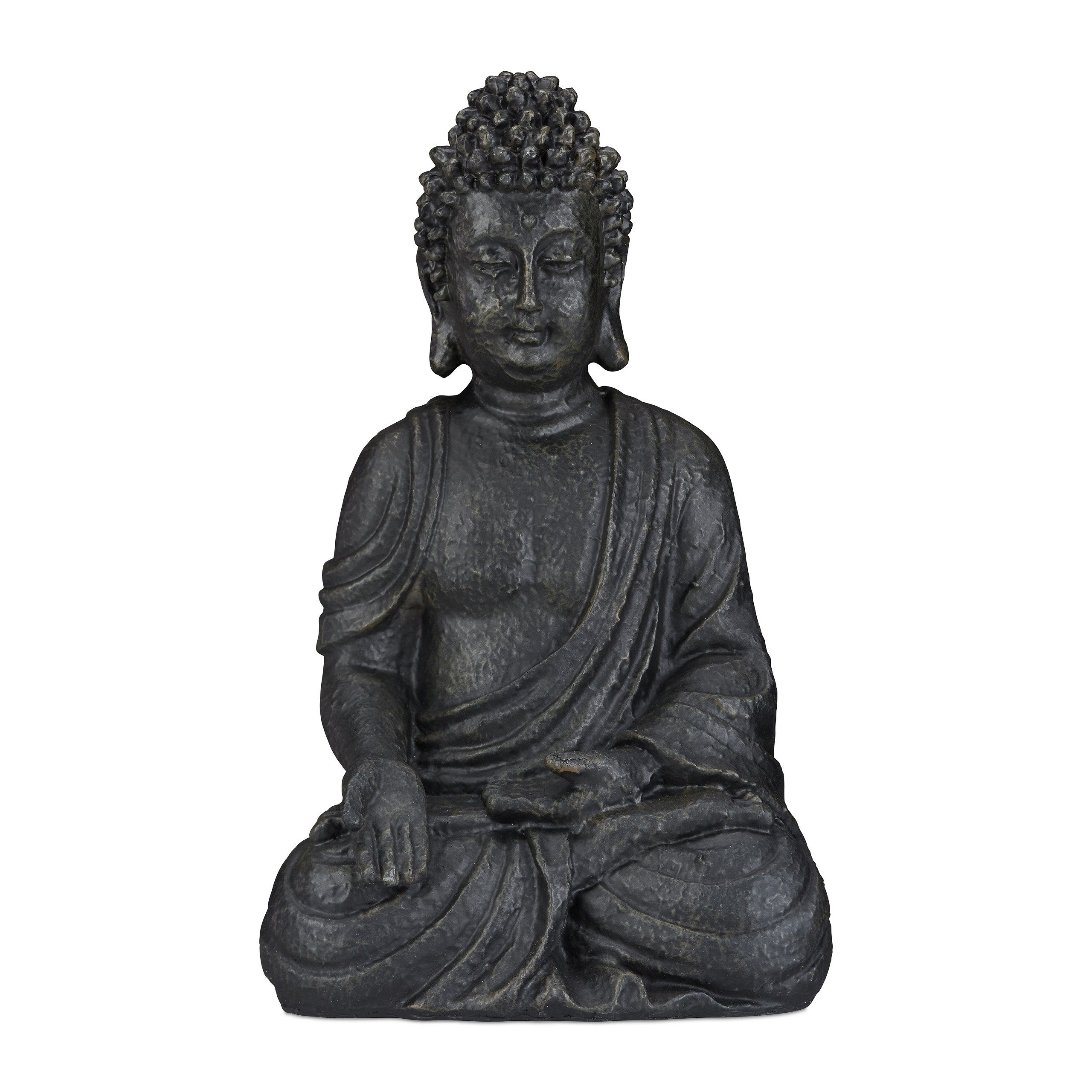 relaxdays Buddhafigur Buddha Figur sitzend 40 cm, Dunkelgrau Anthrazit