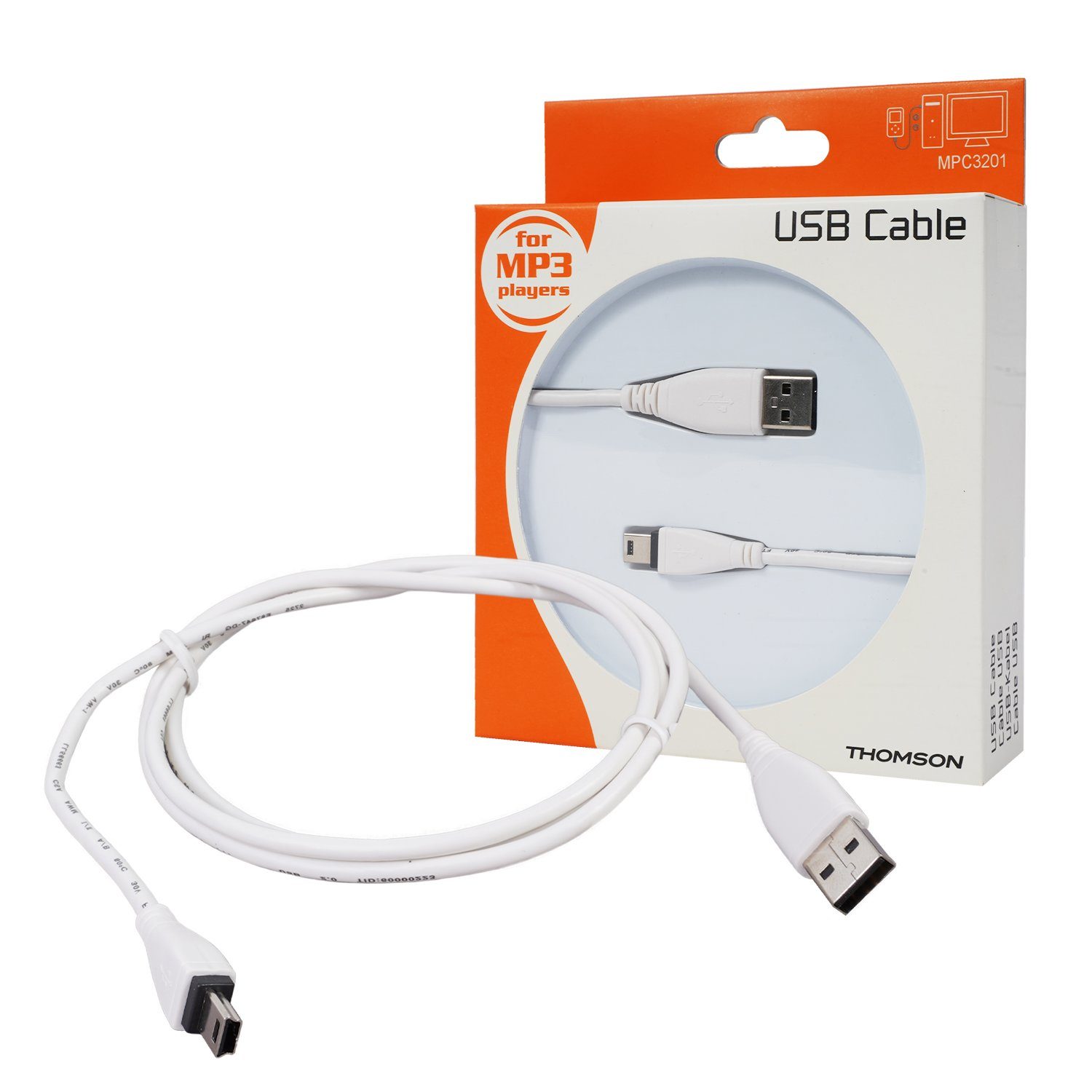 Thomson Navigationstasche Mini-USB B-Stecker USB-Kabel 1,2m Weiß, USB 2.0  Anschluss-Kabel mit Mini-B-Stecker, für PC, Tablet, Handy etc.