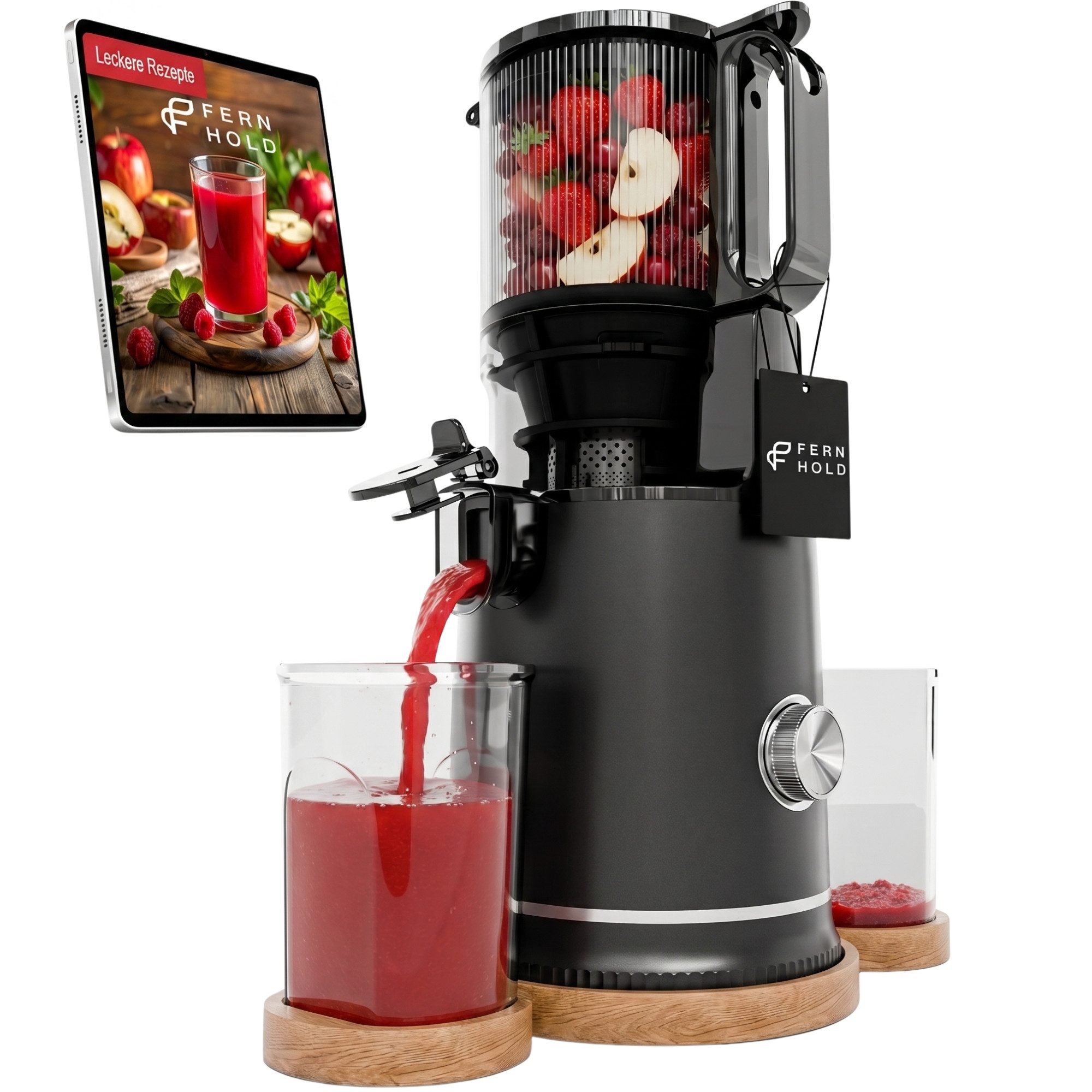 FERNHOLD Slow Juicer Entsafter für ganze Früchte & Gemüse, Kaltentsafter mit 130 mm Öffnung, 250 W, 1,8 l Saftbehälter, BPA-frei, Inkl. 2 Gläsern & Saftrezepte
