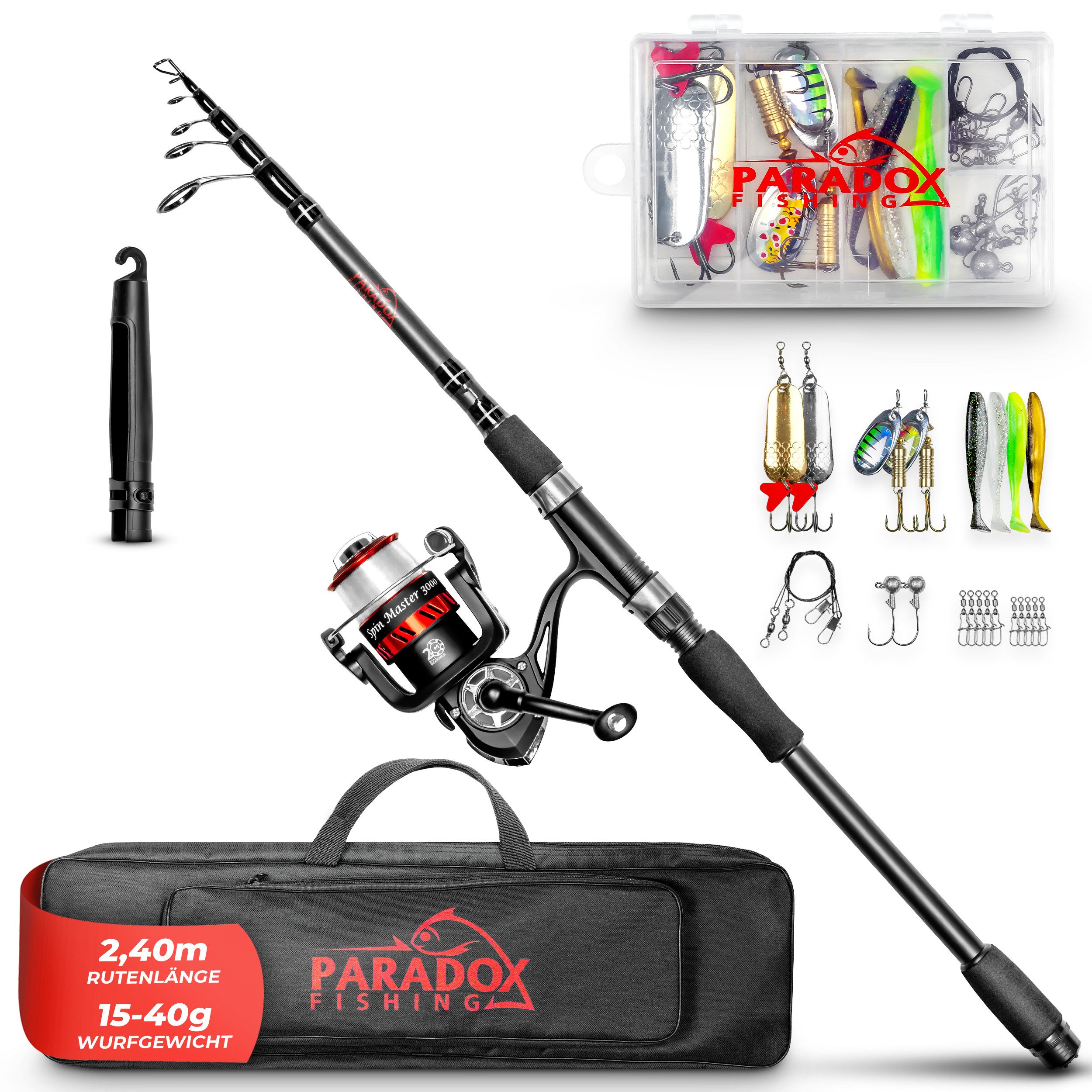 Paradox Fishing Spinnrute Komplett Angelset Teleskop + 3000 Angelrolle mit Schnur und Ködern, (2,10m 10-30g, 2,40m 15-40g, 2,70m 20-50g), inkl. Transporttasche Köderset