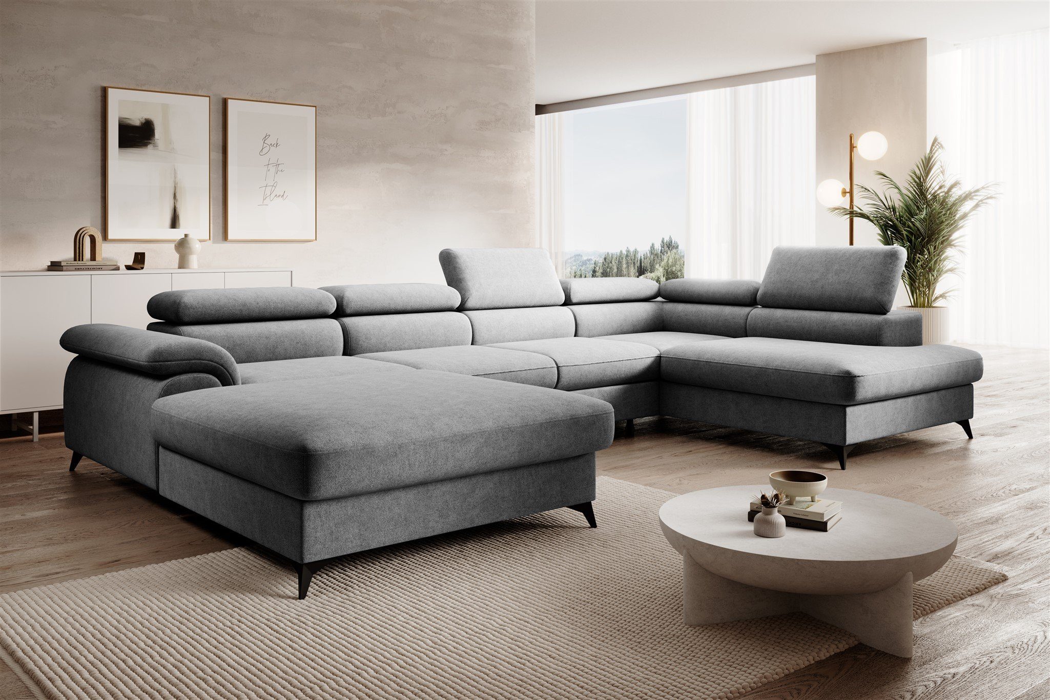 Fun Möbel Wohnlandschaft Sofa U-Form BASTIEN in Stoff Whisper, mane Links oder Rechts, Rundumbezug und Bettkästen Grau