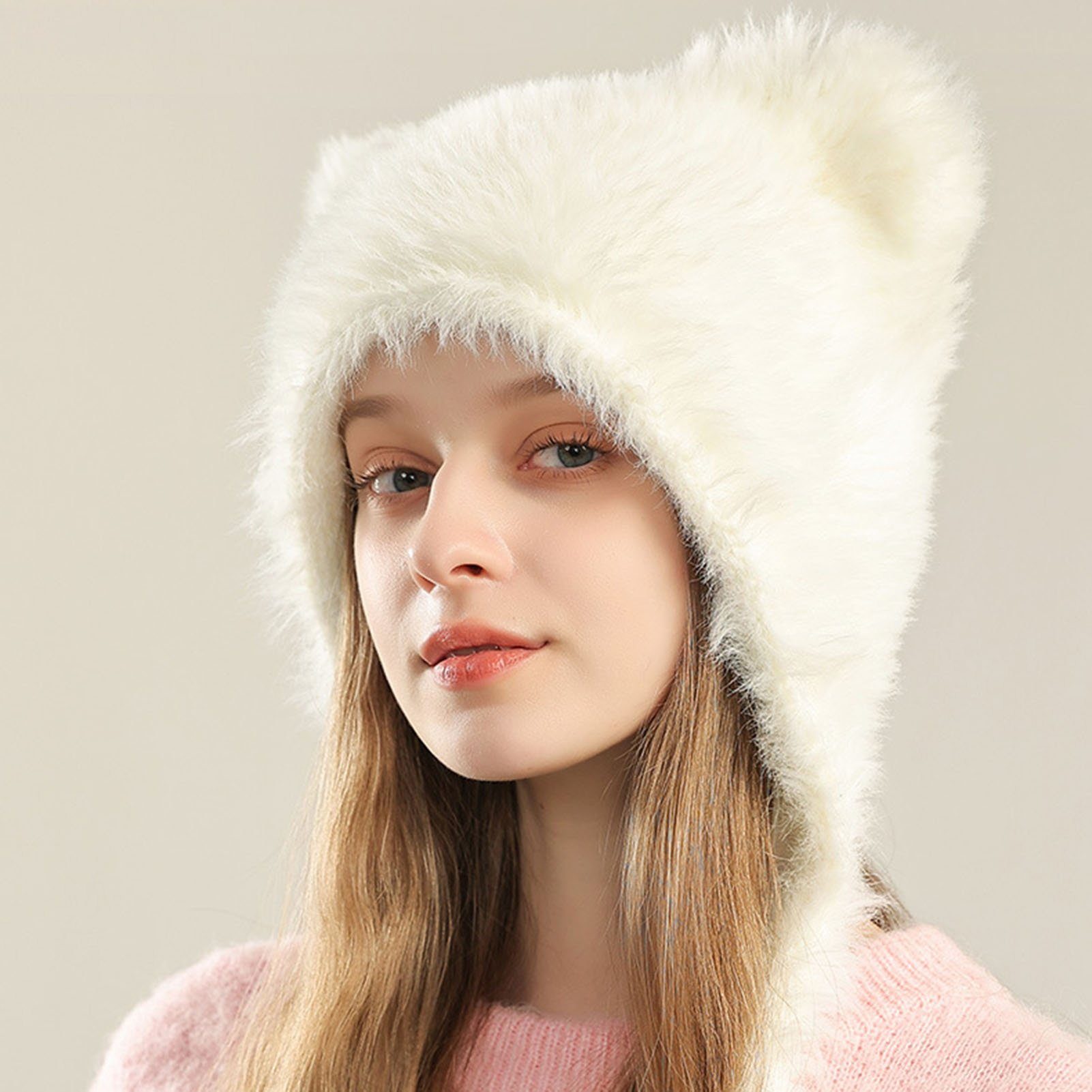 Rutaqian Fellimitatmützen Wintermützen für Frauen Kunstpelz Beanie Hut (Cartoon Haar Katzenohren Pullover Hut) Weiß