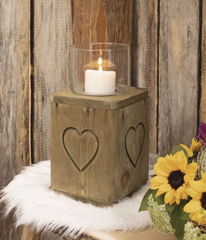 Dekoleidenschaft Windlicht "Herz", Windlichtsäule aus Holz in Blockform, 32 cm hoch, Holzsäule, Dekosäule mit Kerzenglas, Kerzensäule für Wohnzimmer Flur Schlafzimmer