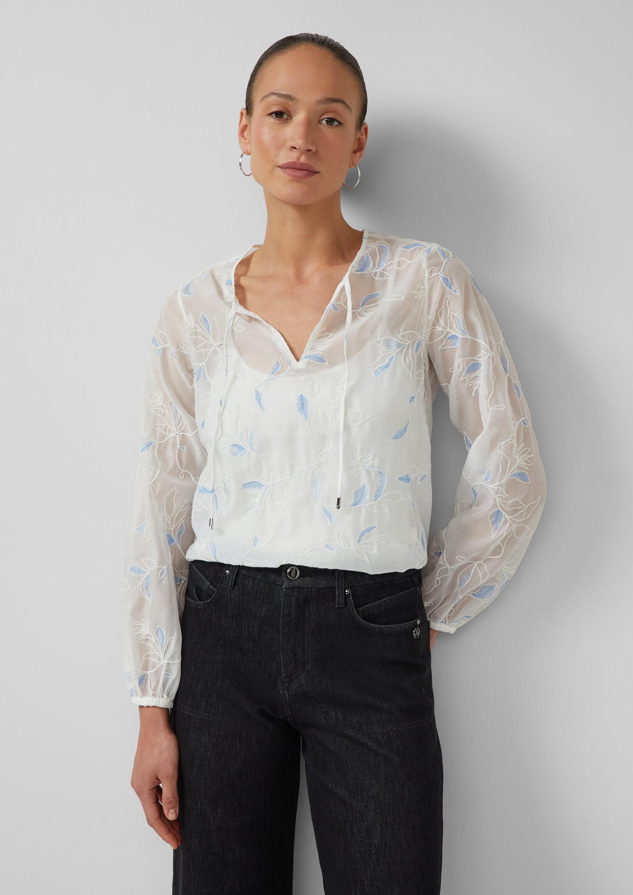 s.Oliver Langarmbluse Bluse Transparente Bluse mit Strickerei und Tunika-Ausschnitt