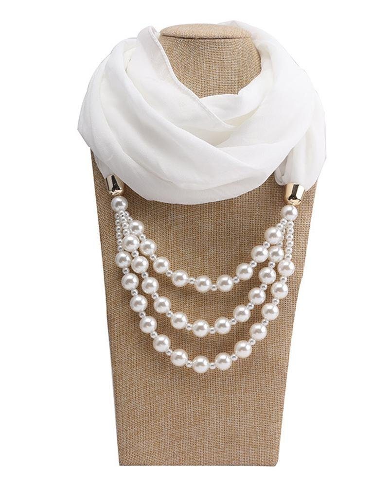 Rouemi Modeschal Damen Loop Schal,Imitation Perlenkette Schal, dekorative warmen Schal weiß