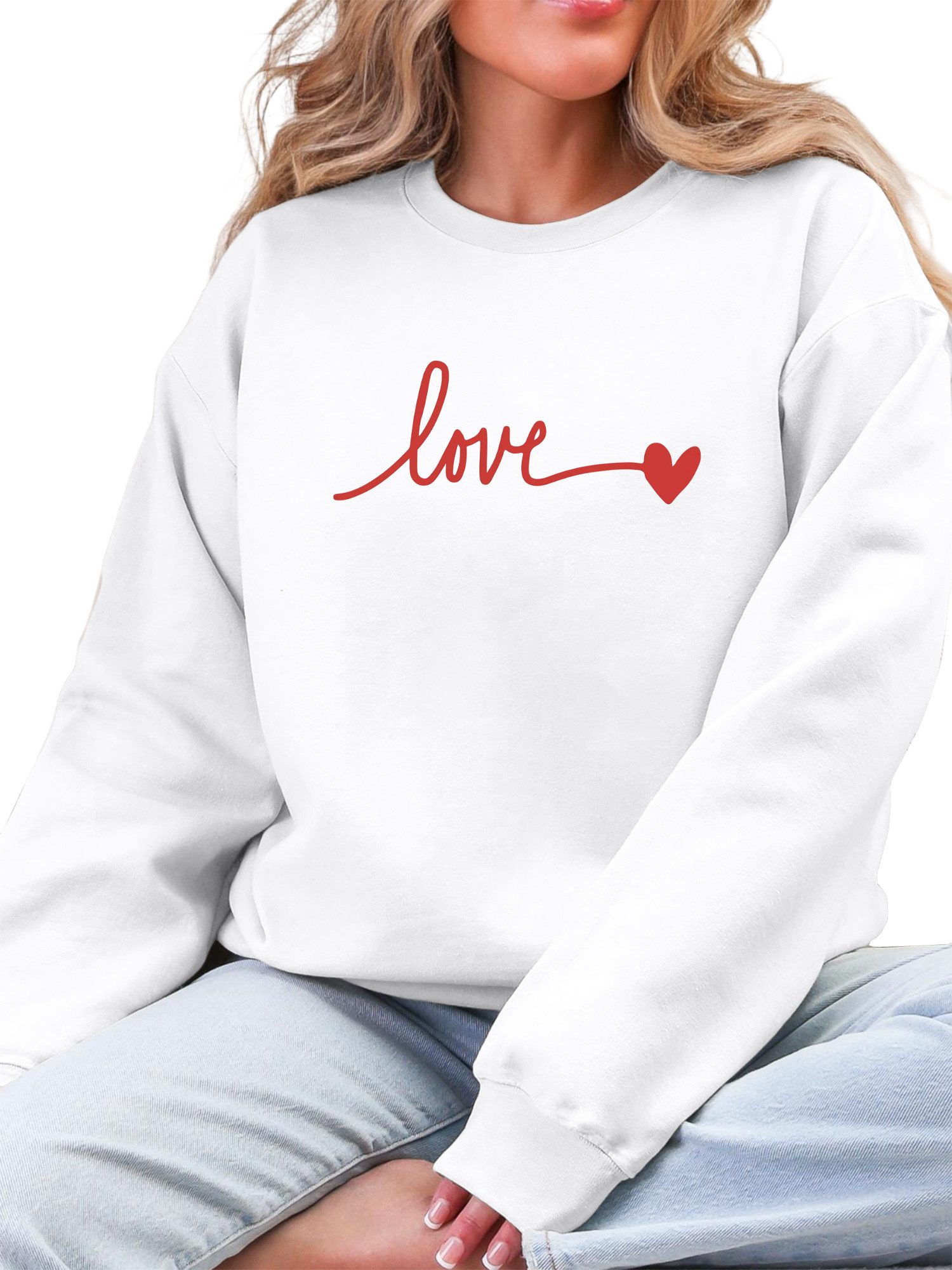 Rundhalspullover Fleecepullover Damen,Sweatshirt mit Liebe Print,Langarm Lockerem Fit