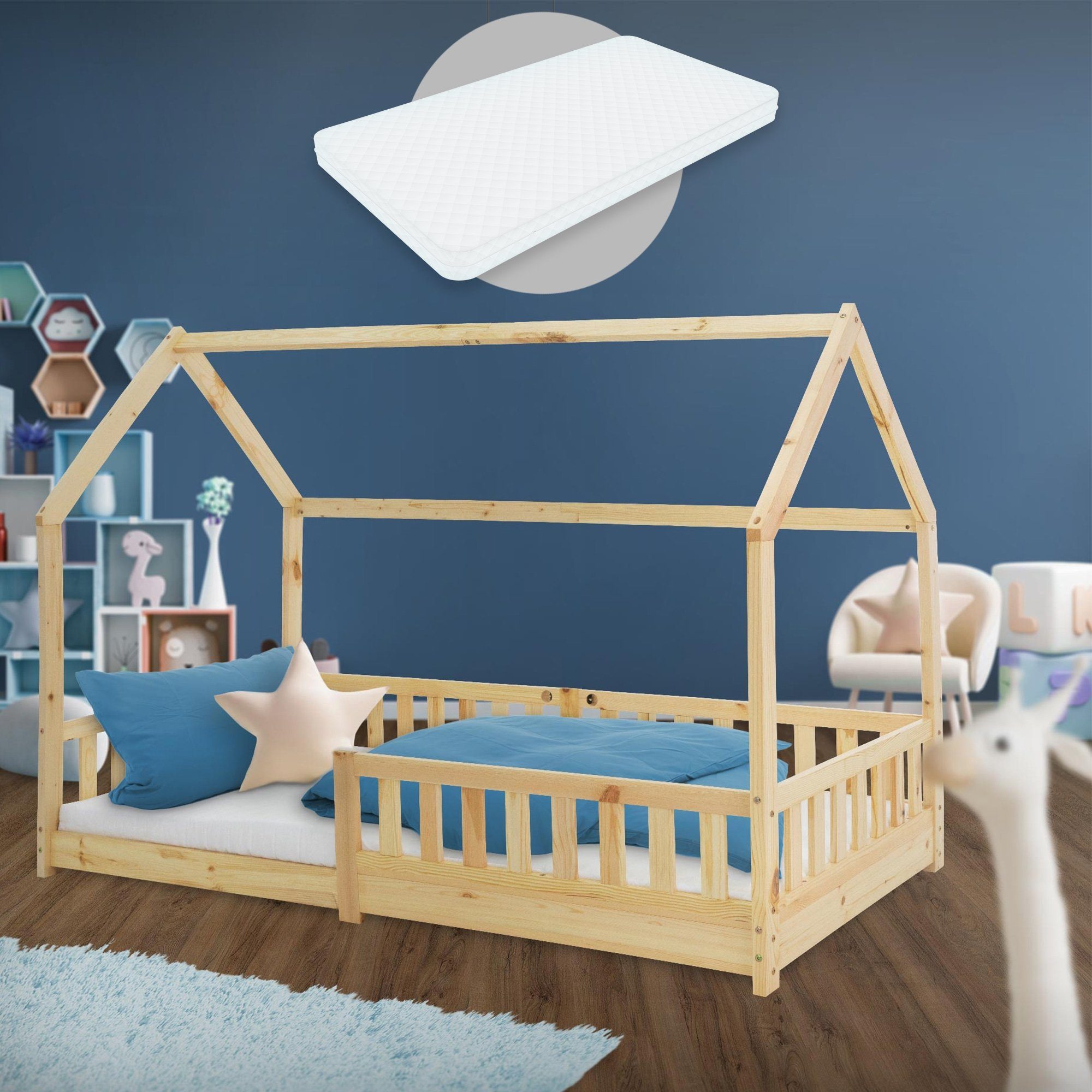 ML-DESIGN Spielbett Hausbett Kinderbett inkl. Lattenrost kreativ Bodenbett für Kinder, Abenteuerbett zum Spielen mit Rausfallschutz Kiefer Natur Himmelbett