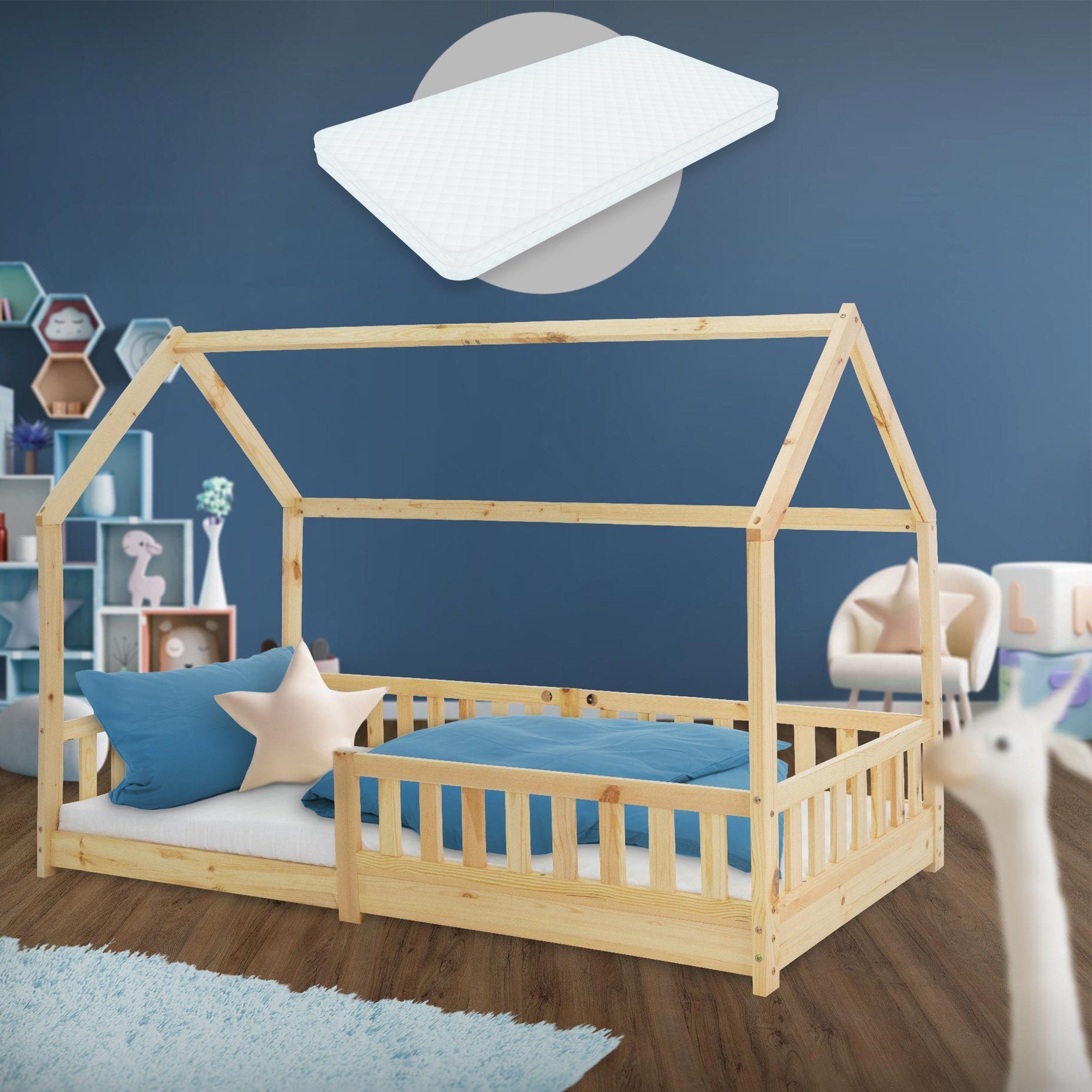 ML-DESIGN Kinderbett Kinderbett mit Dach und Lattenrost 90x200 cm Natur  inkl. Matratze