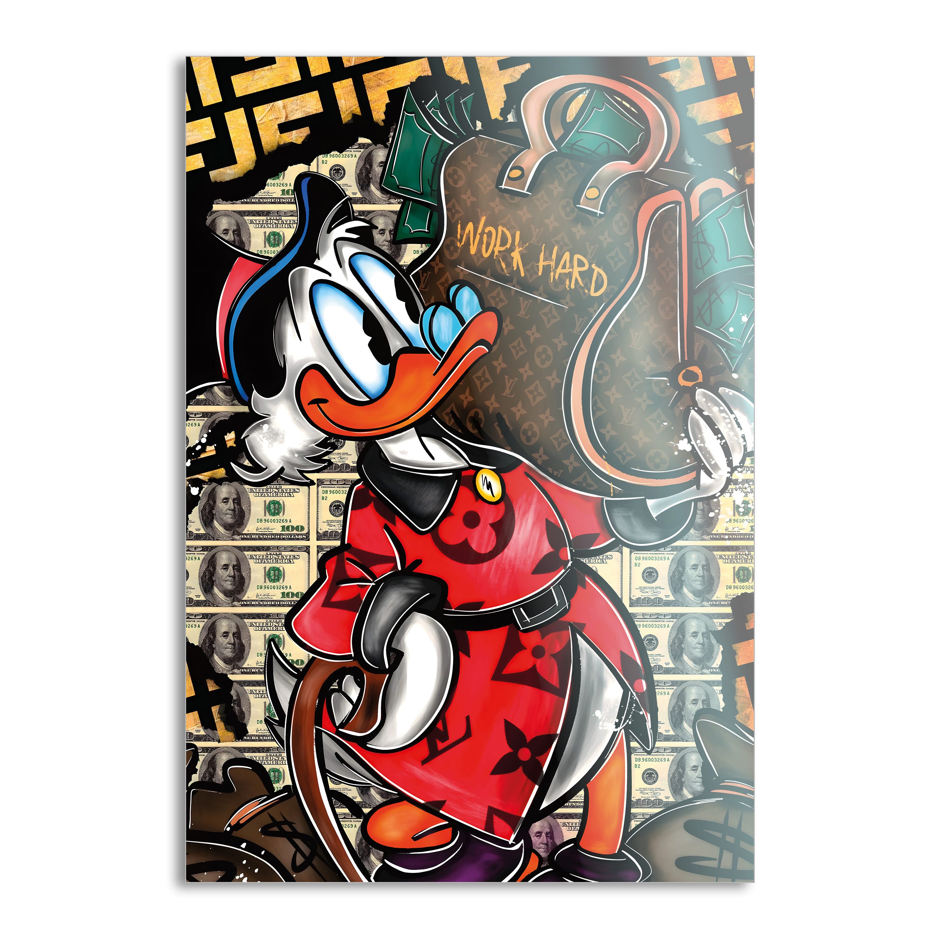 SimpleCanvas Wandbild Work Hard Dagobert - Leinwandbild Pop Art / Motivation, Wandbild Dagobert Duck, Geld, Pop Art