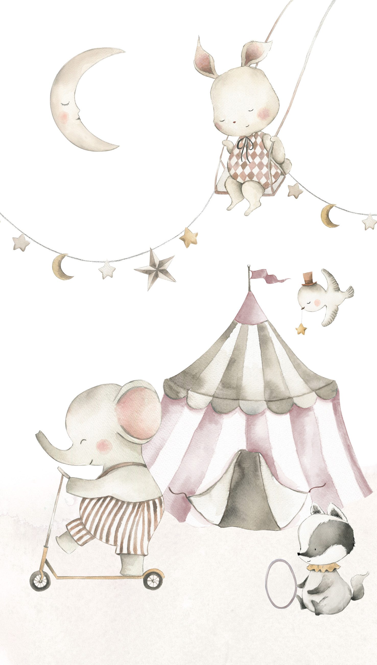 Rasch Fototapete Kinderzimmer mit bunter Zirkuswelt mit Tieren in Rosa, Beige und Grau, strukturiert, gemustert, (1 Rolle, 1 St), Zirkus