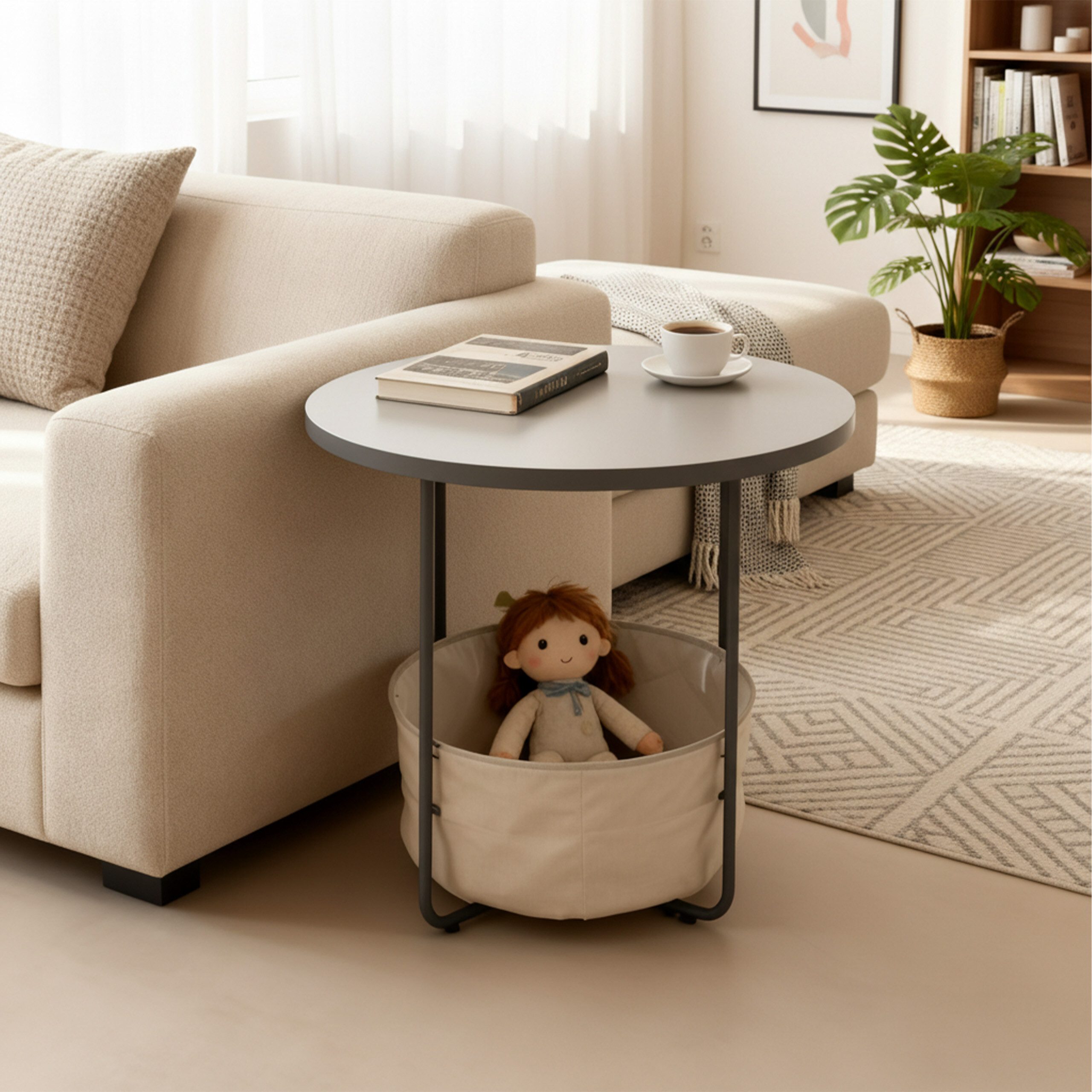 relaxdays Beistelltisch Runder Beistelltisch mit Korb, Grau-Cremeweiß günstig online kaufen