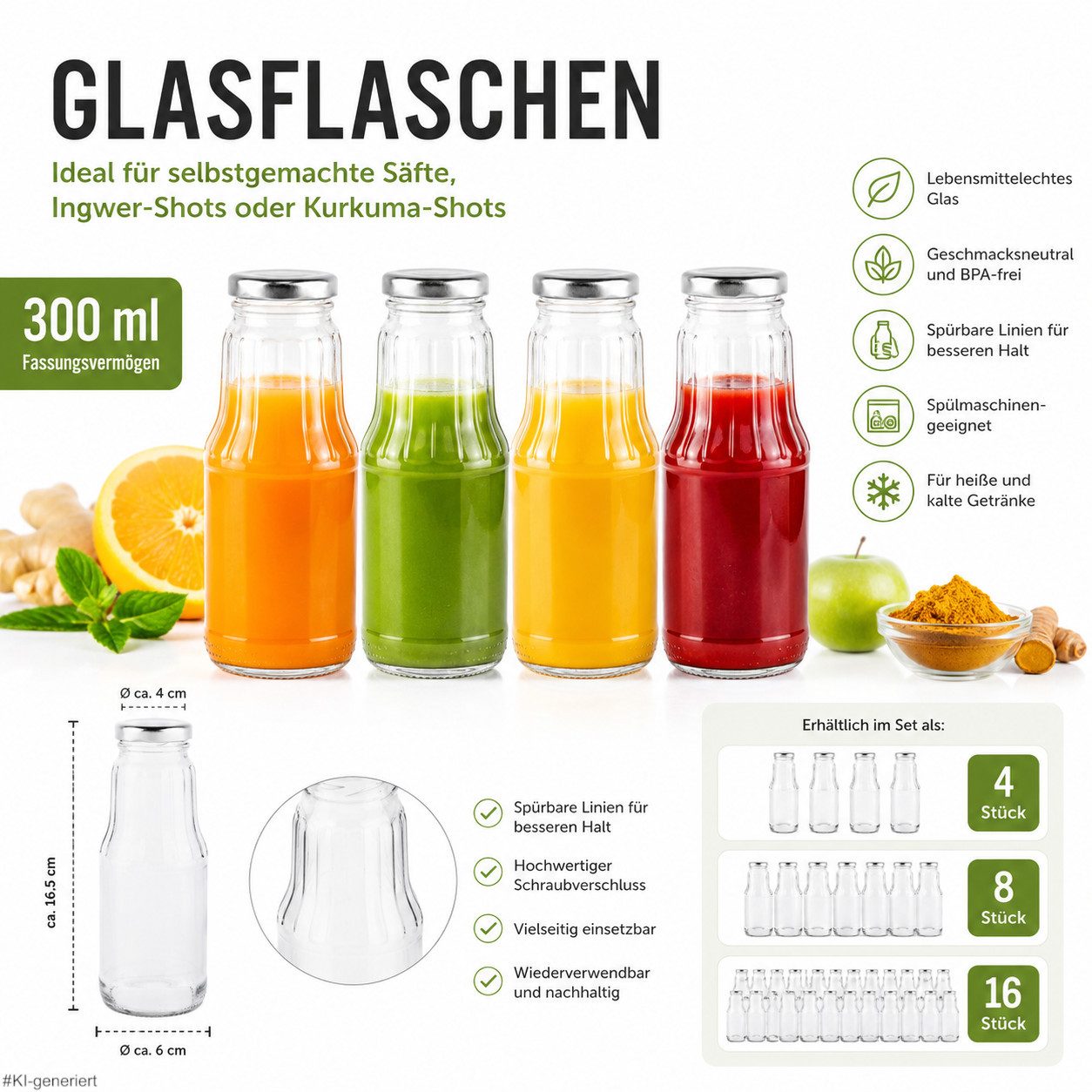 steinwohn Trinkflasche Glasflaschen 300 ml mit Schraubverschluss – 4, 8 oder 16 Stück, Saftflaschen aus Glas – Trinkflaschen für Shots, Smoothies & Säfte