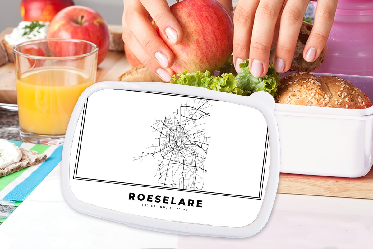 Lunchbox und Kinder weiß, - Erwachsene, Stadtplan Karte - - Roeselare Schwarz für und (2-tlg), - und Jungs MuchoWow Kunststoff, Mädchen Belgien Brotbox Brotdose, für