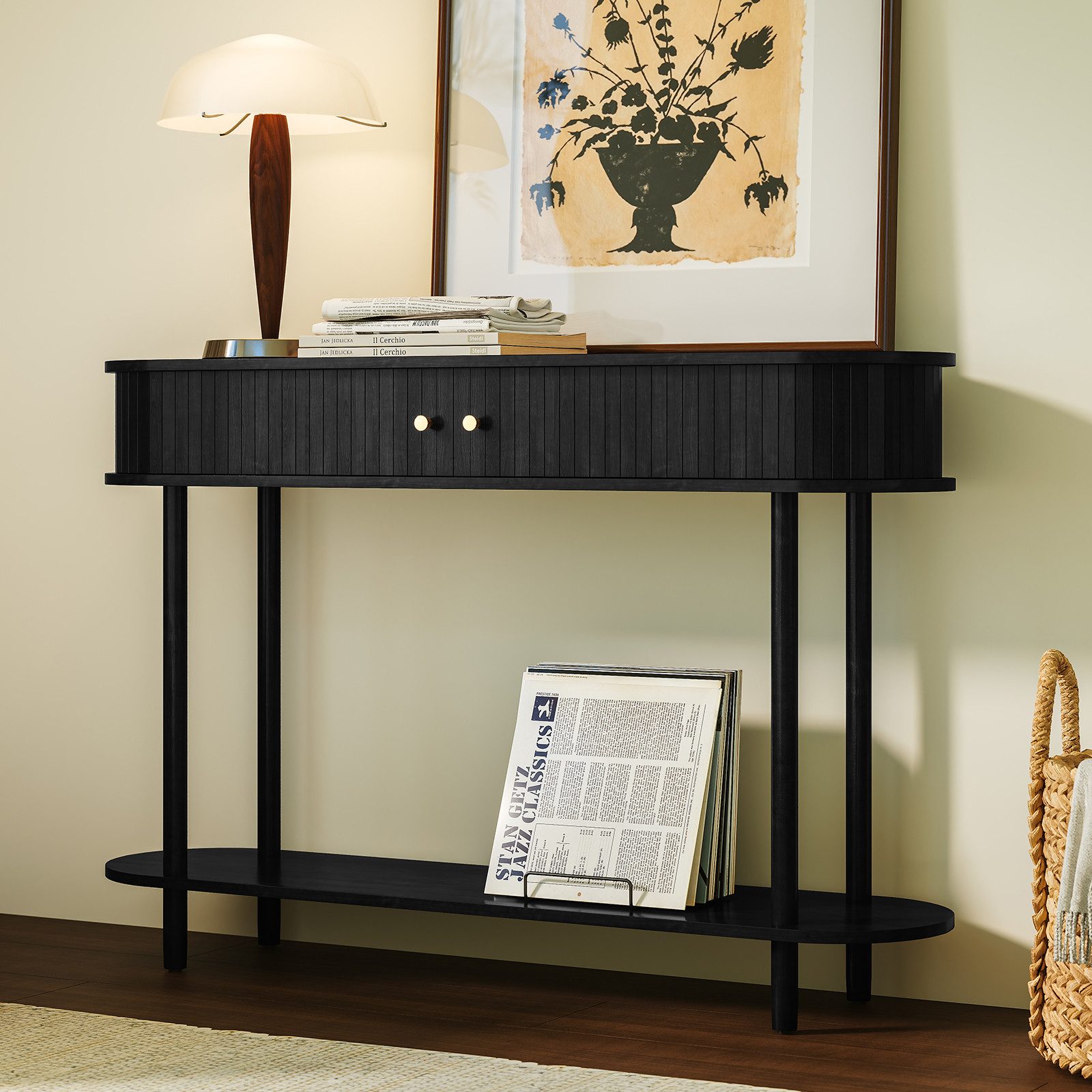 HOLTICO Konsolentisch mit Schiebetüren & Stauraumschrank, Schmaler Sofatisch, Eingangstisch (1-St), Sideboard-Tisch für Wohnzimmer, Flur, Schlafzimmer