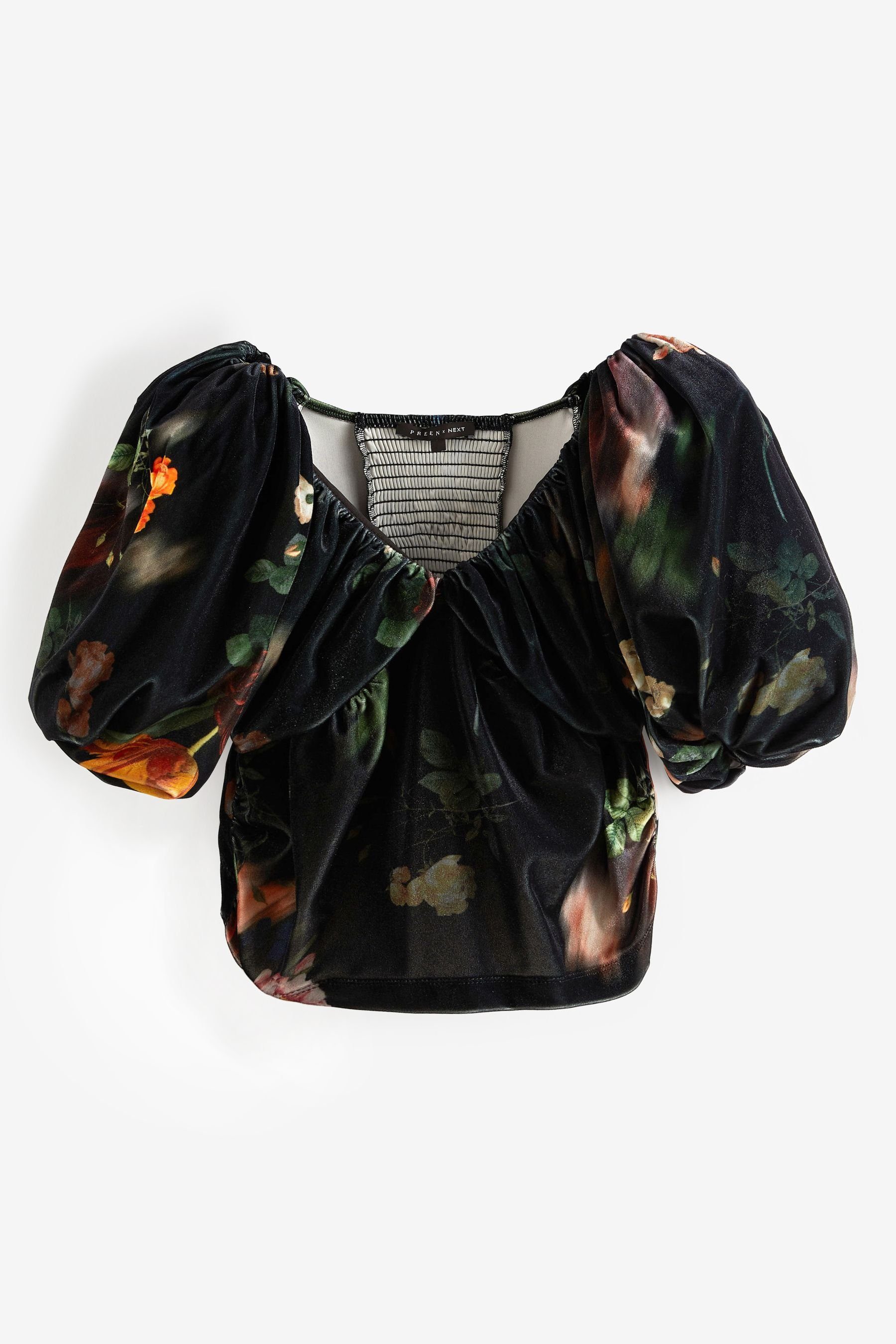 Next Blusenshirt Preen Oberteil mit kurzen Puffärmeln (1-tlg) Black Floral Velvet