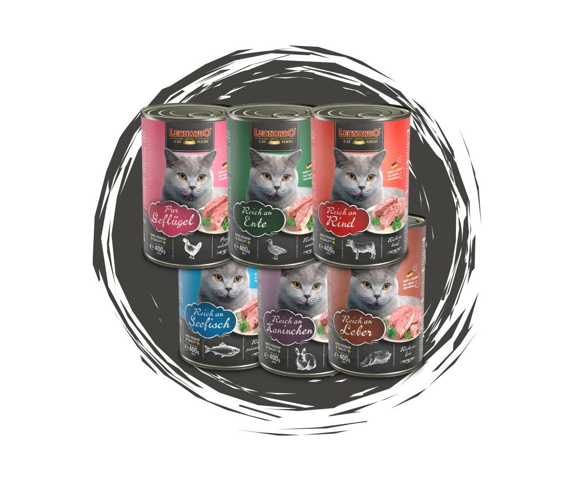 Leonardo Catfood Nassfutter Mix - Rind, Ente, Geflügel Pur, Leber, Kaninchen & Seefisch 6x400g, Nassfutter für: Katzen