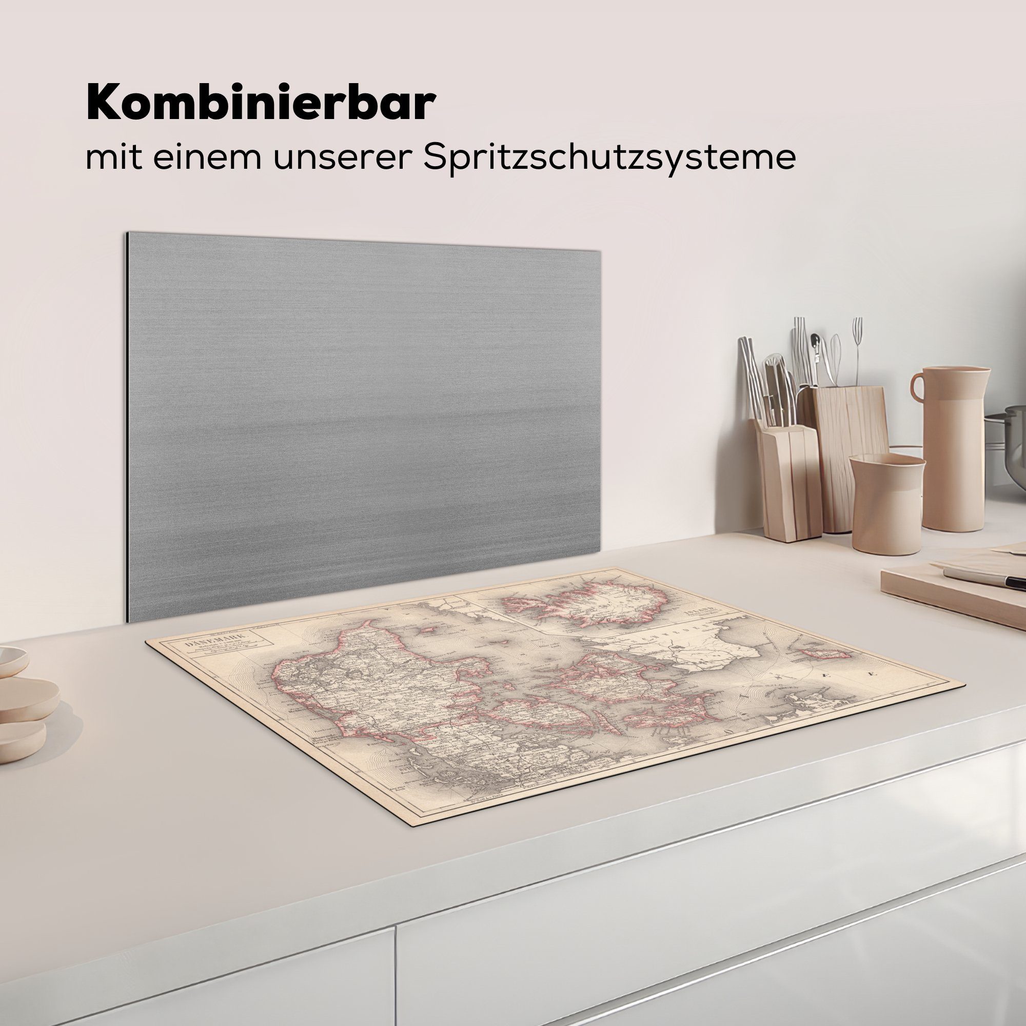 (1 Karte antiken Illustration Dänemark, MuchoWow tlg), cm, Arbeitsfläche Herdblende-/Abdeckplatte nutzbar, von Vinyl, Ceranfeldabdeckung Mobile 70x52 einer