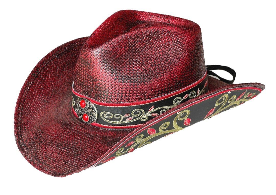 und Krempe Hutband Concho bestickter Strohhut Strohhut Weinroter mit Westernlifestyle Westernhut