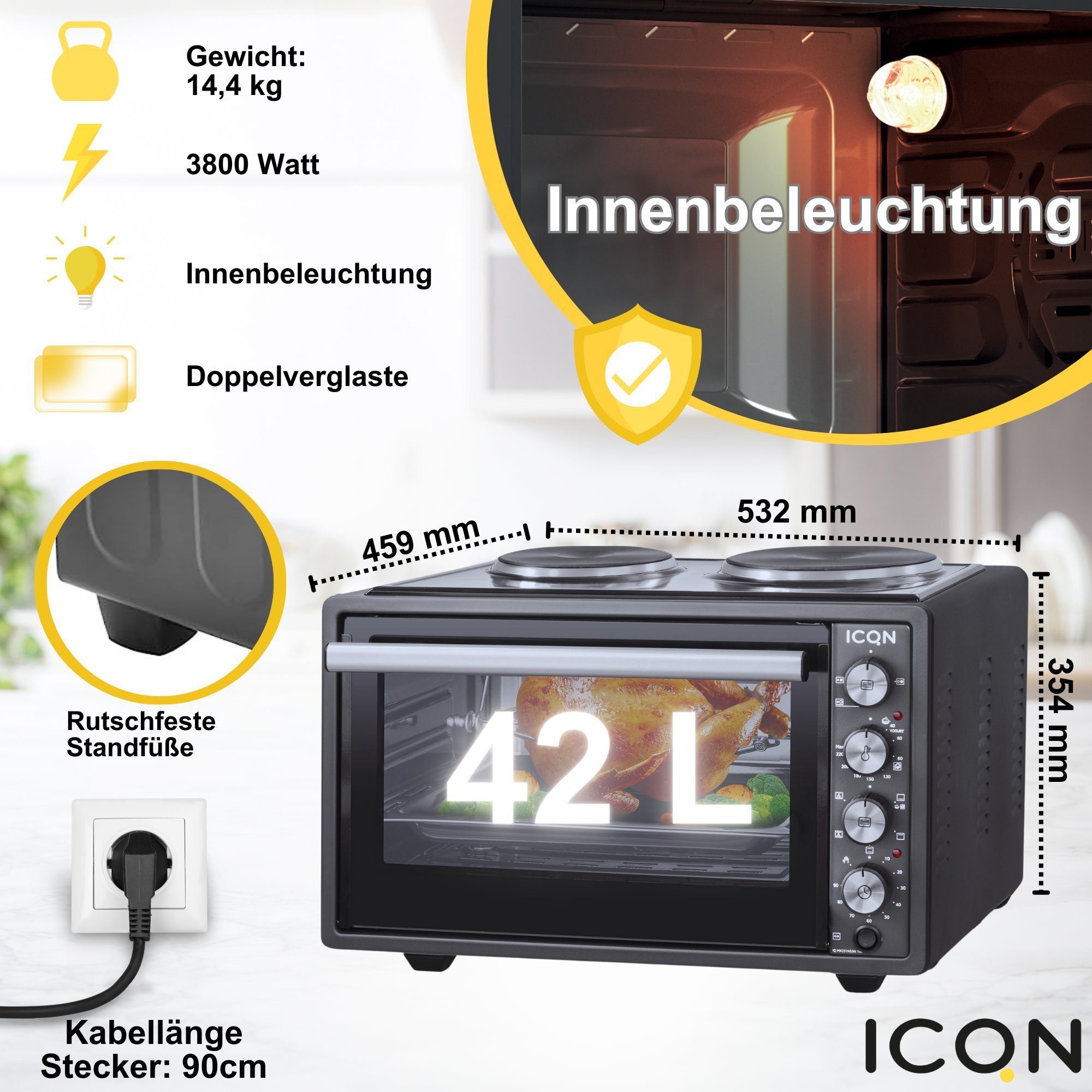 Drehspieß, Kochplatten, W, Pizza-Ofen, Minibackofen inkl. Backblech Set, Doppelverglasung, 3800 mit Mini ICQN Umluft, Emailliert, 40°-230°C Ofen,