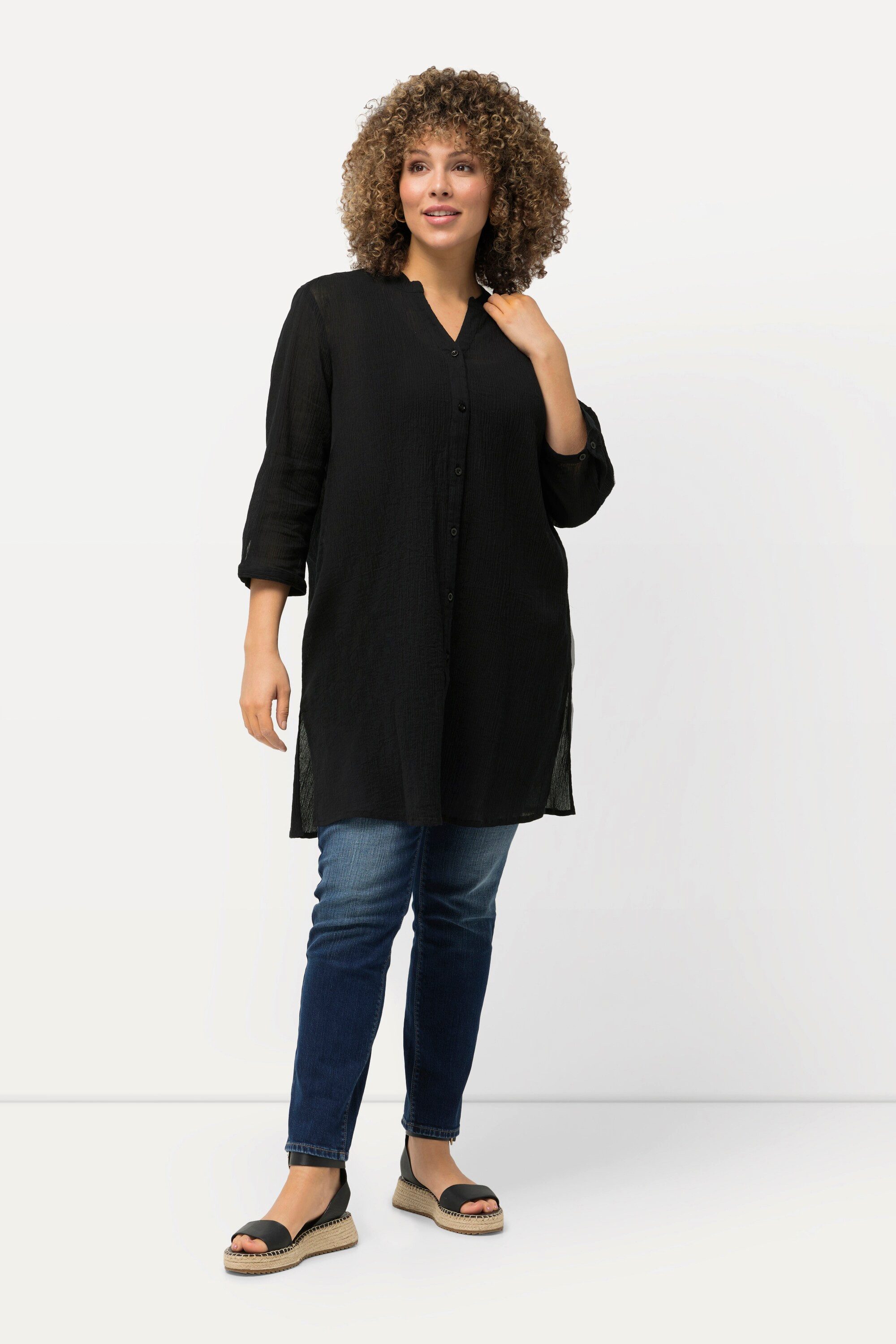 Ulla Popken Hemdbluse Longbluse Krepp Stehkragen günstig online kaufen