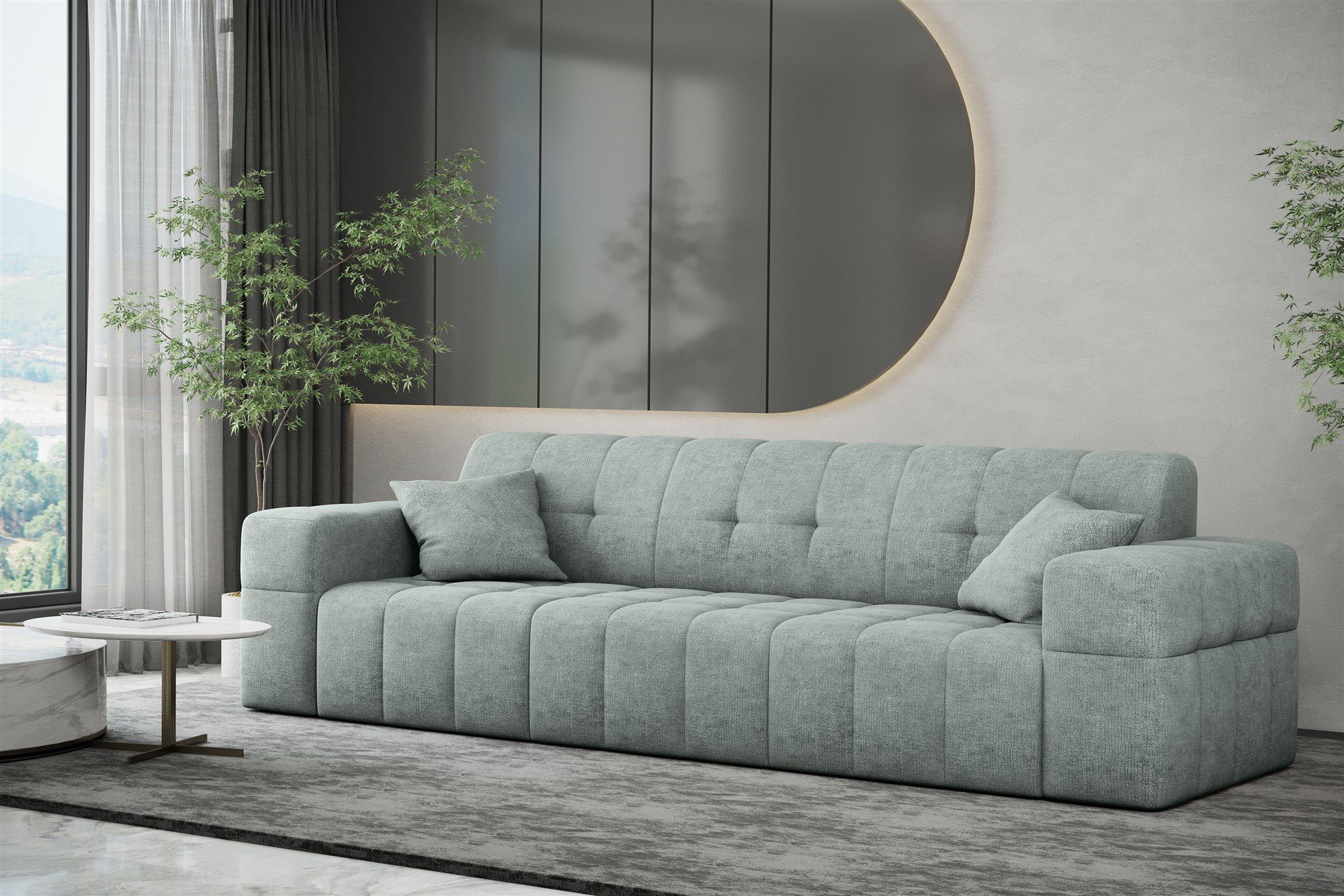 Rundumbezug Eisblau Sofa in NANCY Designer-Sofa Möbel Fun Harmony, 3-Sitzer Stoff Sofa