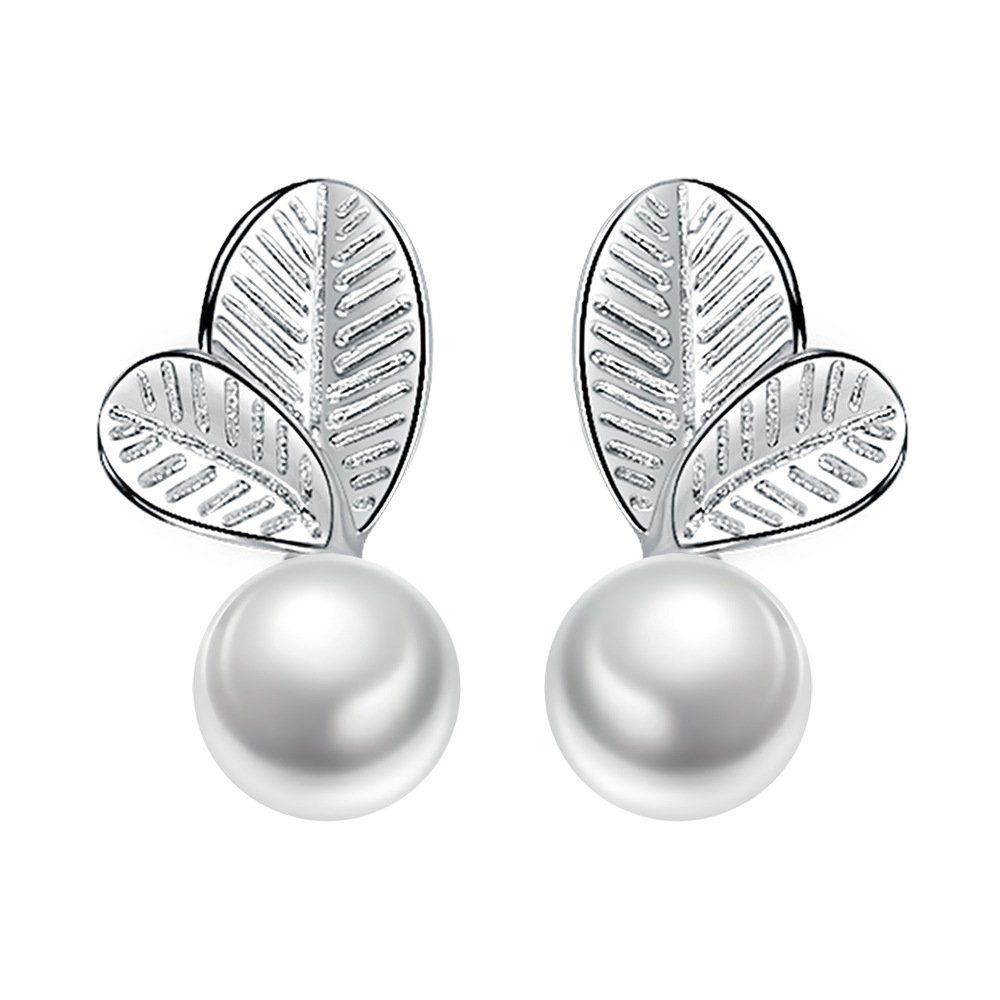 Invanter Paar Ohrhänger Perle Blatt Ohrringe Weibliche Blatt Perle Kleine frische Ohrringe (Kupfer), inkl.Geschenkbo