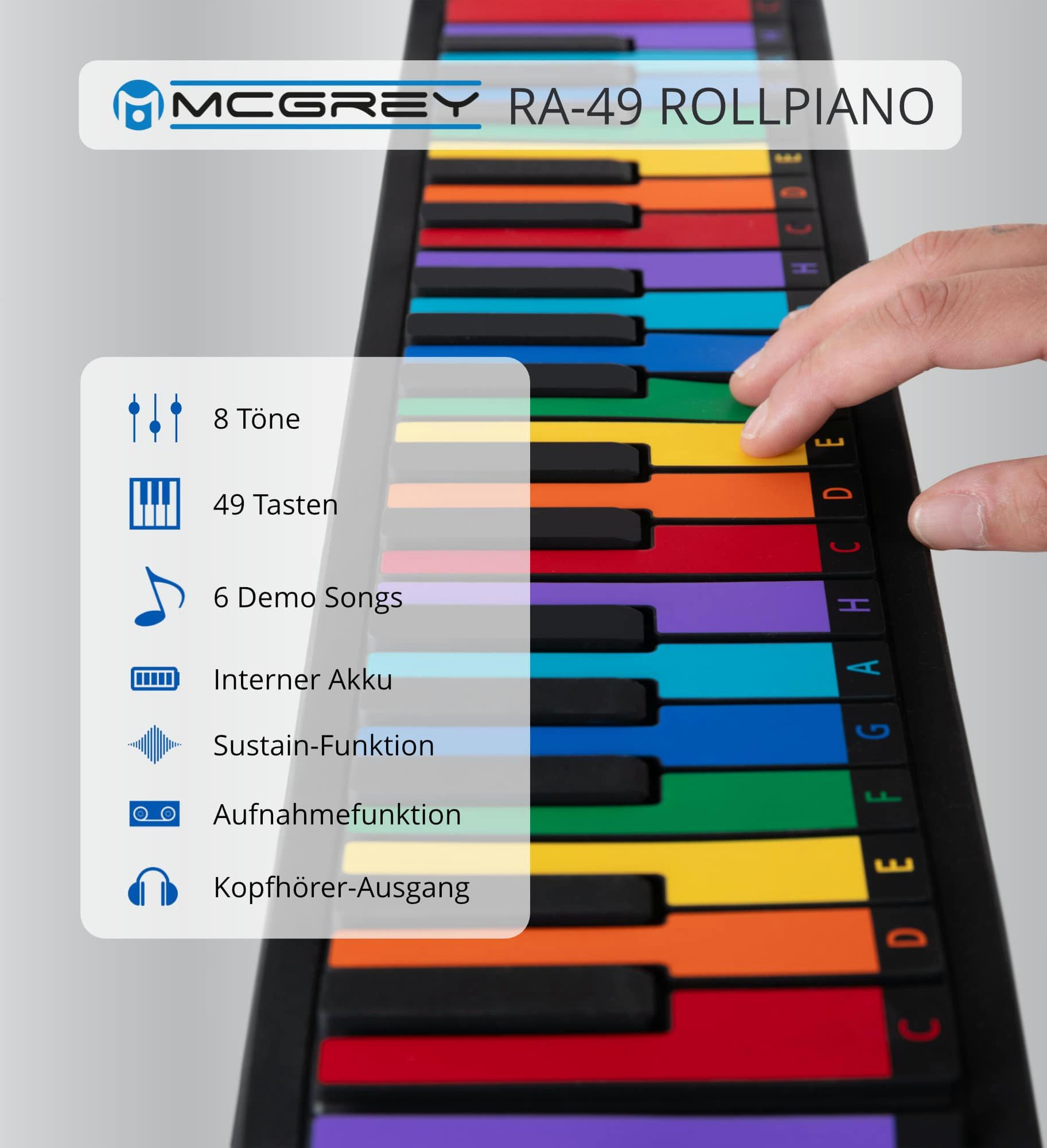 McGrey Spielzeug-Musikinstrument McGrey RA-49 Kinder Rollpiano mit 49 bunten, beschrifteten Tasten, 8 Klangfarben, 6 Demo Songs, LED Betriebsanzeige & Aufnahmefunktion