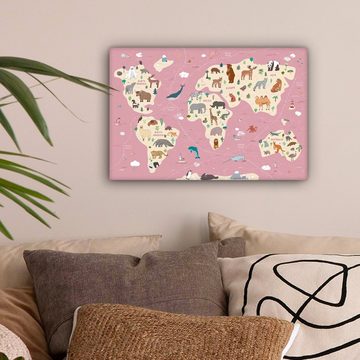 OneMillionCanvasses® Leinwandbild Weltkarte Kinder - Tiere - Erde - Jungen - Mädchen - Rosa, Weltkarte - Rosa (1 St), Wandbild Leinwandbilder, Aufhängefertig, Wanddeko, 30x20 cm