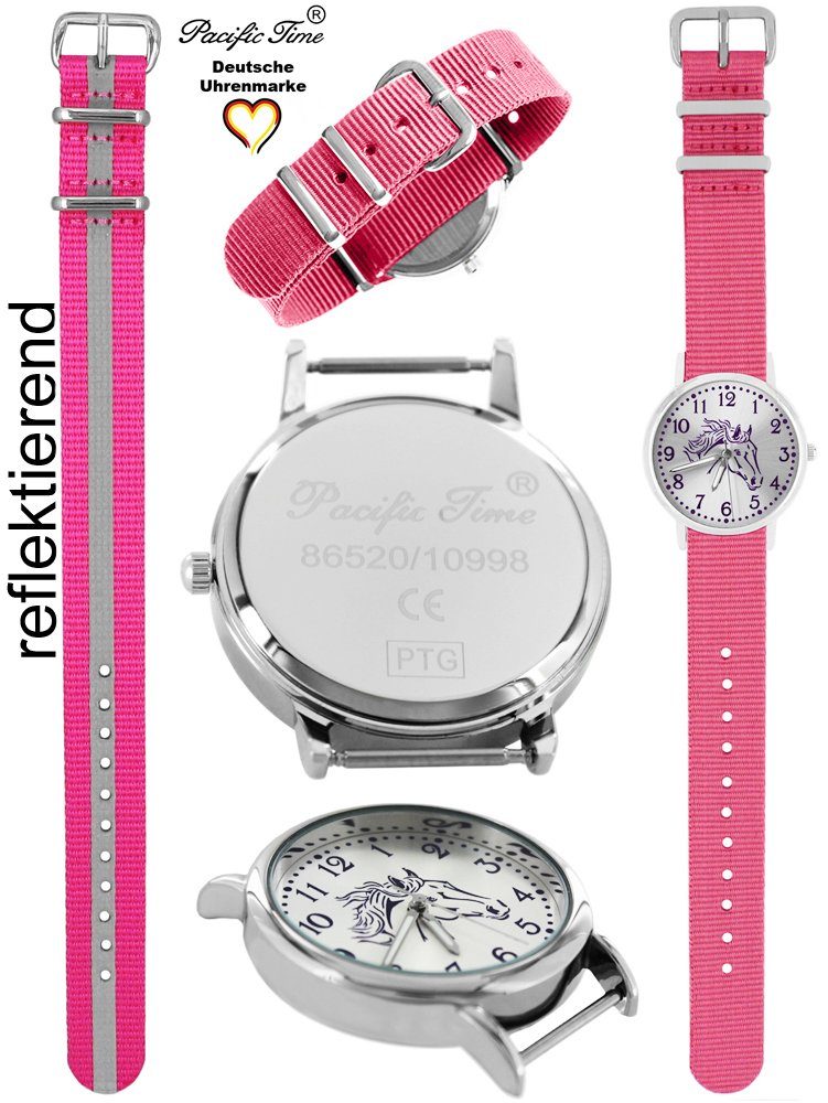 Match Time Wechselarmband, Quarzuhr - Reflektor Mix Pacific Design violett und pink und Kinder Versand Pferd Gratis rosa Armbanduhr Set