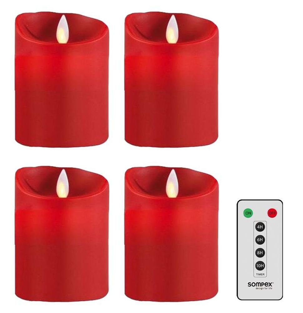 SOMPEX LED-Kerze »4er Set Flame LED Kerzen rot 10cm« (Set, 5-tlg., 4 Kerzen,  Höhe 10cm, Durchmesser 8cm, 1 Fernbedienung), fernbedienbar, integrierter  Timer, Echtwachs, täuschend echtes Kerzenlicht, optimales Set für den  Adventskranz online