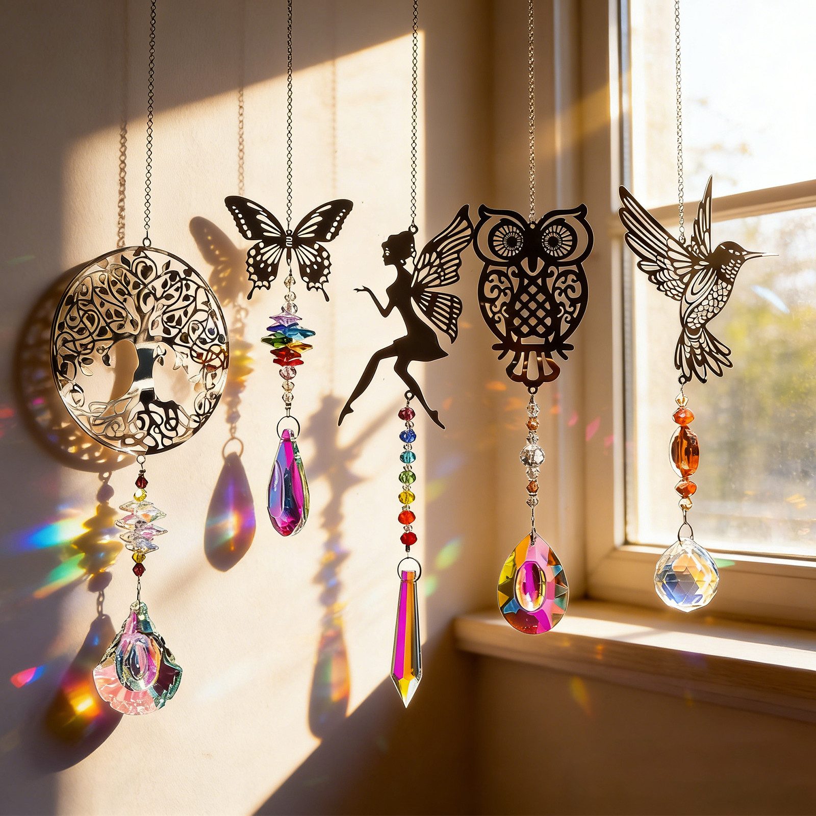 BlingBin Fensterdekoration Sonnenfänger Kristall Windspiele Kristall Fensterdeko, 5 Stück Baum Eulen Kolibri Schmetterling Fee Anhänger