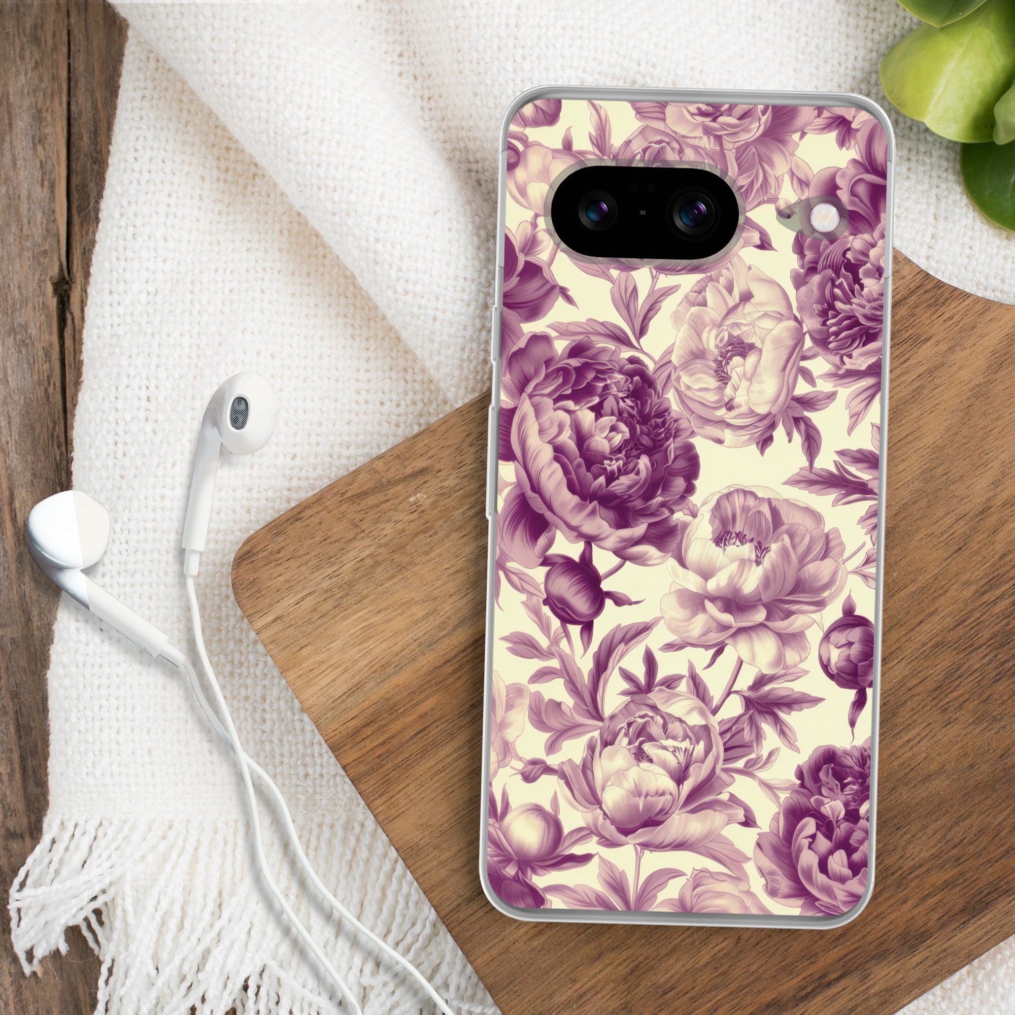 MuchoWow Handyhülle für Google Pixel 8 Blumen - Muster - Lila - Beige, Handy Case, Silikon, Bumper Case Dünn