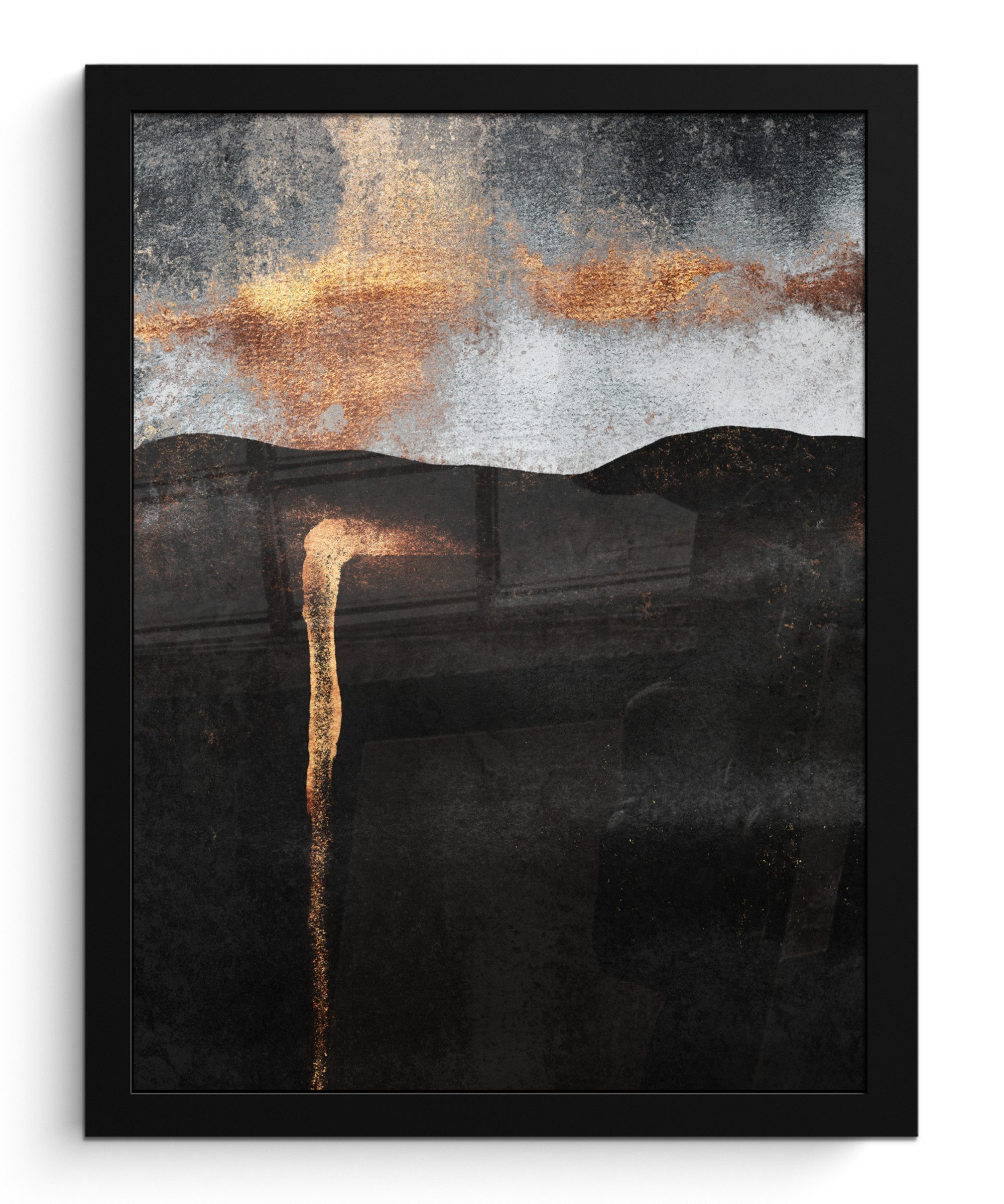 MuchoWow Poster Abstrakt - Gold - Chic - Schwarz - Grau, (1 St), Bilderrahmen, Poster mit Rahmen, Wohnzimmer Deko, 30x40 cm