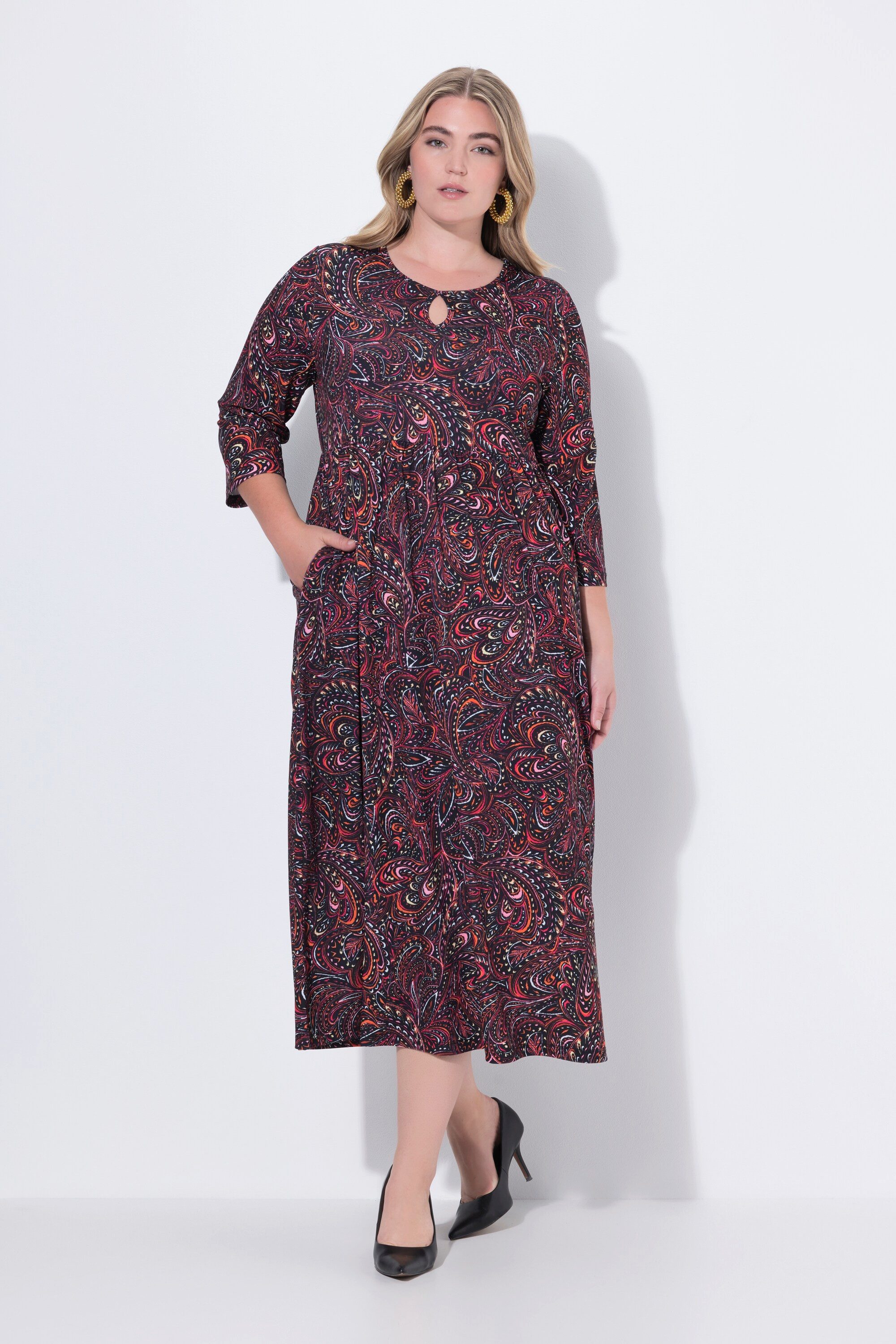 Maxikleid Jersey-Maxikleid A-Linie Rundhals 3/4-Arm Taschen